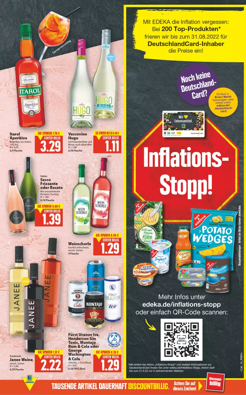 Aktueller Prospekt E Center - Angebote der Woche - von 27.06 bis 02.07.2022 - strona 13 - produkty: alkohol, Blüte, cola, deka, deutschlandcard, ecco, eis, enders, flasche, frizzante, frucht, gin, holunder, holunderblüte, hugo, likör, minze, reis, rosato, rum, schorle, Ti, tonic, vescovino, wein, weine, weinschorle