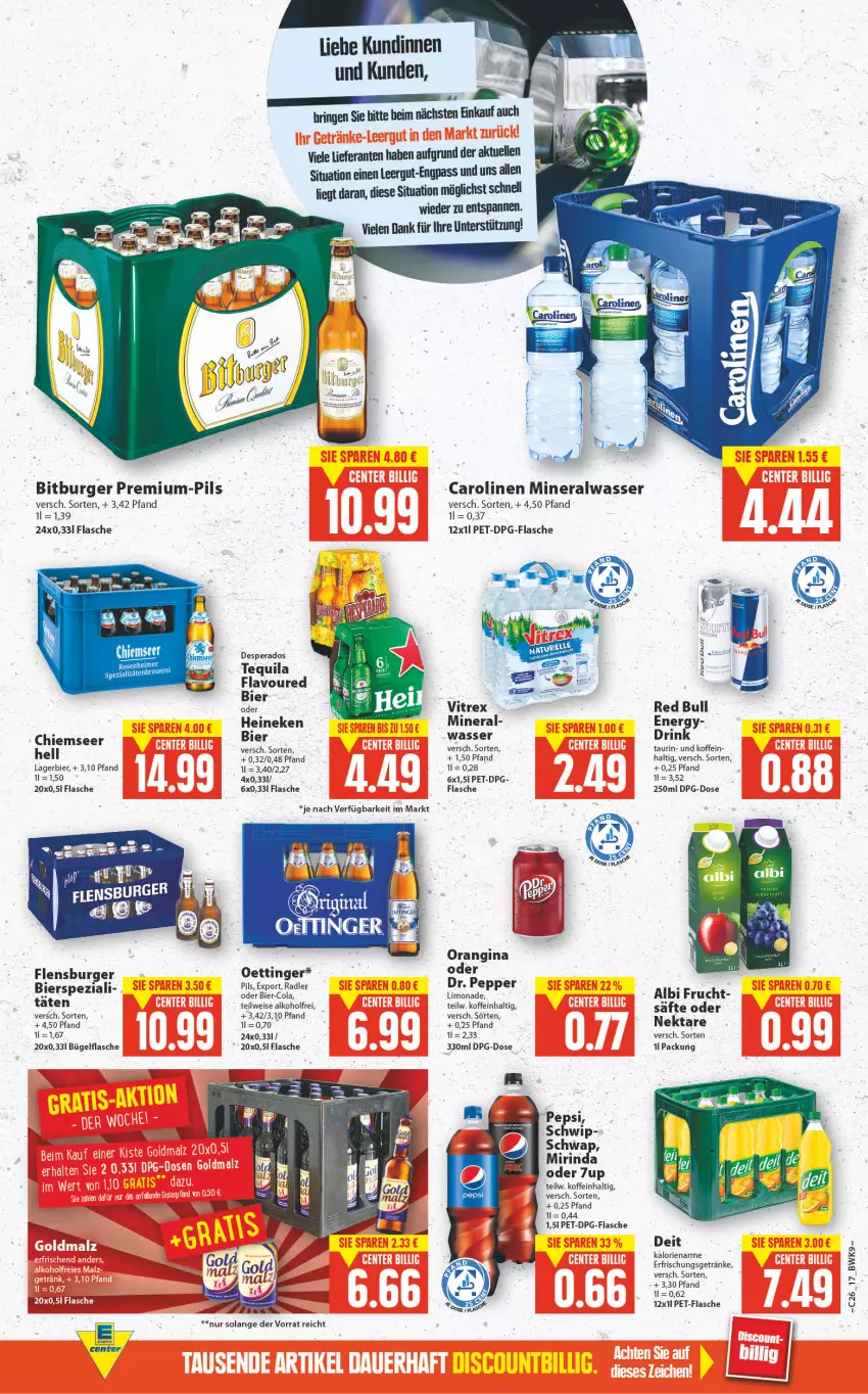 Aktueller Prospekt E Center - Angebote der Woche - von 27.06 bis 02.07.2022 - strona 16 - produkty: 7UP, alkohol, Alwa, bacon, bier, bitburger, bügel, bügelflasche, burger, cola, deit, desperados, eis, elle, ente, erfrischungsgetränk, erfrischungsgetränke, flasche, flensburger, frucht, getränk, getränke, gin, heineken, Lagerbier, limo, limonade, malz, mineralwasser, Mirinda, oettinger, orangina, pepsi, pet-flasche, pils, radler, red bull, rind, ring, säfte, Spezi, tequila, Ti, vitrex, wasser