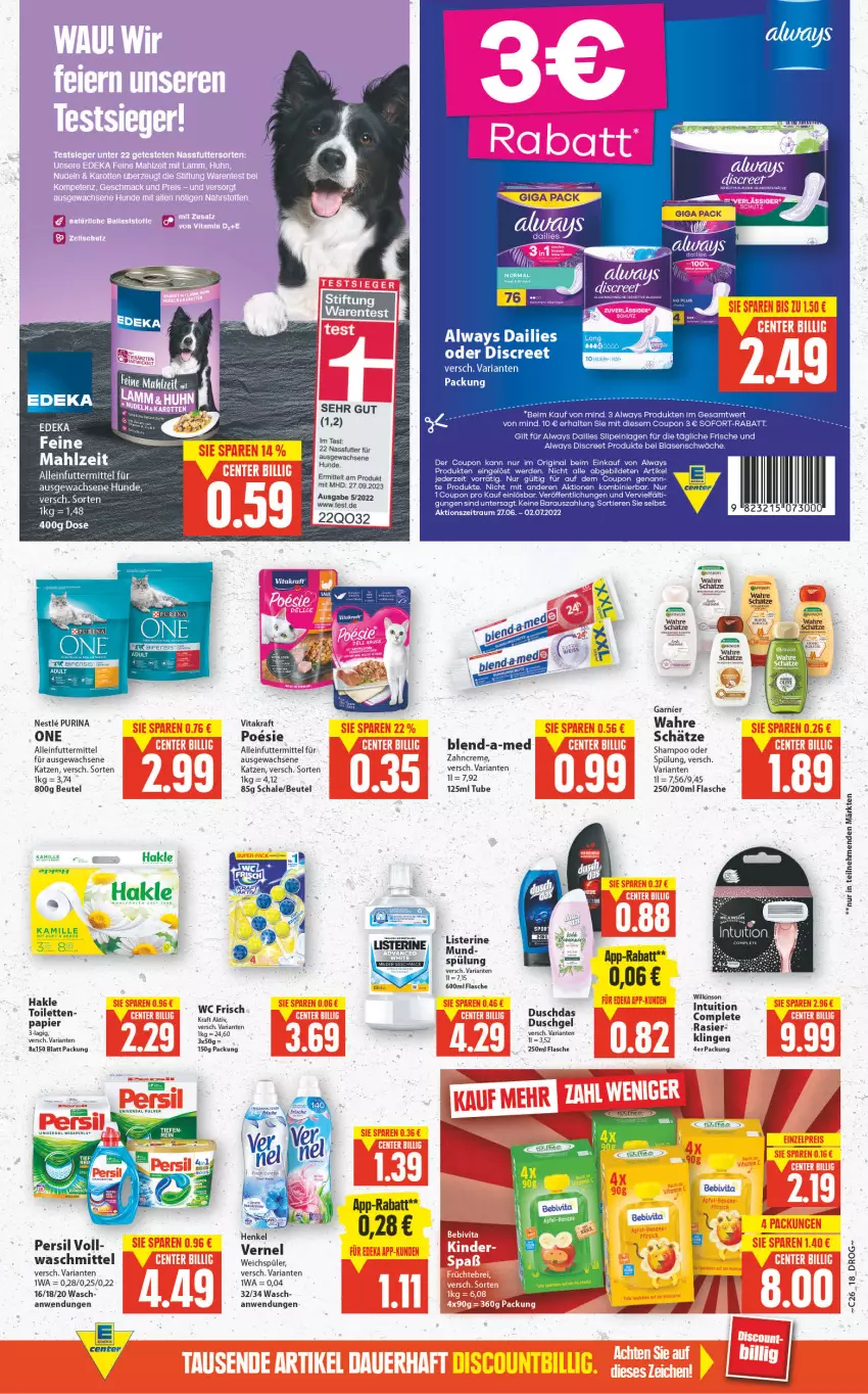 Aktueller Prospekt E Center - Angebote der Woche - von 27.06 bis 02.07.2022 - strona 17 - produkty: alleinfuttermittel, Alwa, Always, beutel, coupon, creme, dailies, deka, Discreet, duschdas, erde, flasche, garnier, gin, hakle, Kamill, kamille, kraft, persil, purina, Ria, Schal, Schale, shampoo, slip, slipeinlagen, sofort-rabatt, spülung, Ti, Tiere, universal pulver, vernel, vita, vitakraft, waschmittel, wc frisch, weichspüler, wilkinson, zahncreme