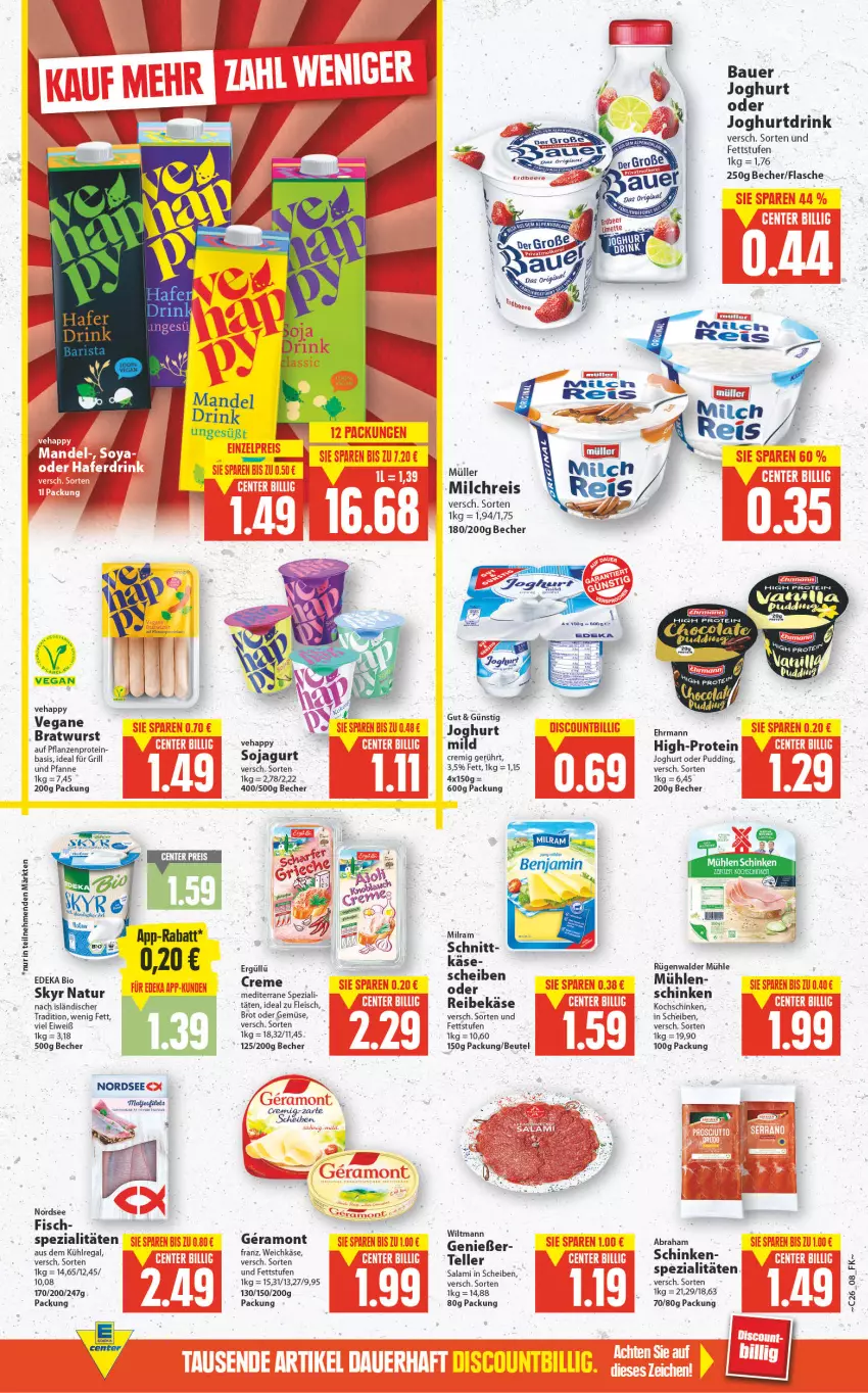 Aktueller Prospekt E Center - Angebote der Woche - von 27.06 bis 02.07.2022 - strona 8 - produkty: auer, aus dem kühlregal, Bau, Bauer, Becher, beutel, bio, bratwurst, brot, creme, deka, drink, edeka bio, ehrmann, eis, elle, fisch, flasche, fleisch, grill, ideal für grill, joghur, joghurt, Joghurtdrink, Käse, kühlregal, milch, milchreis, milram, Müller, natur, Nordsee, pfanne, pflanze, pflanzen, pudding, Rana, regal, reis, rügenwalder, rügenwalder mühle, salami, schinken, Skyr, Spezi, teller, Ti, und pfanne, weichkäse, wurst