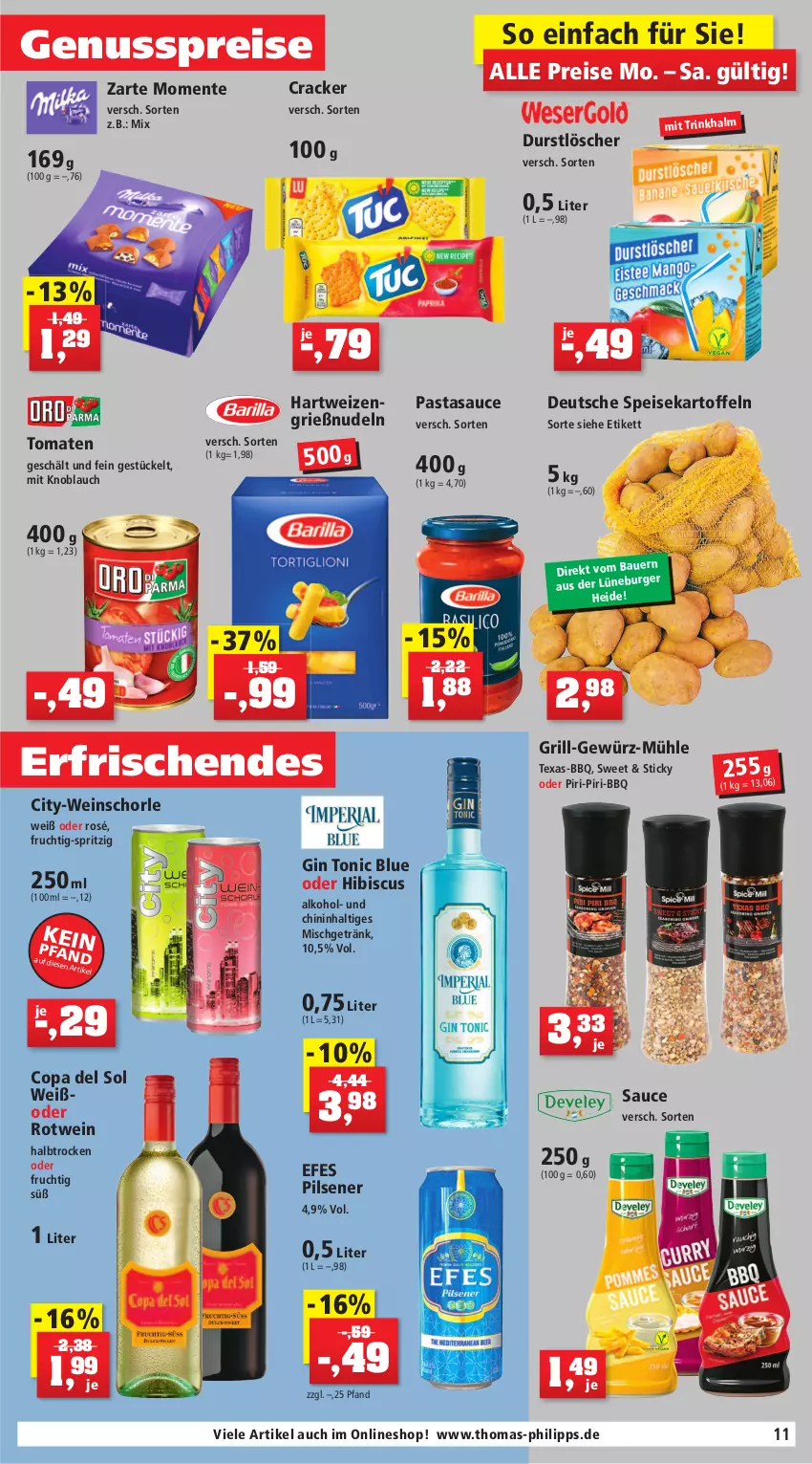 Aktueller Prospekt Thomas Philipps - Prospektwerbung - von 23.05 bis 28.05.2022 - strona 11 - produkty: alkohol, balsam, binden, blume, blumen, bree, cracker, deo, deo roll-on, deospray, durstlöscher, duschgel, eis, ente, erde, frucht, getränk, gewürz, gin, grill, hartweizen, HP, jumbo, kartoffel, kartoffeln, knoblauch, küche, Küchen, küchenrolle, mit knoblauch, mundwasser, nudel, nudeln, nuss, oder deo roll-on, pasta, pils, pilsener, reis, roll-on, rotwein, sauce, schorle, speisekartoffeln, spülmittel, Ti, tomate, tomaten, tonic, Waschpulver, wasser, WC-Steine, weichspüler, wein, weinschorle