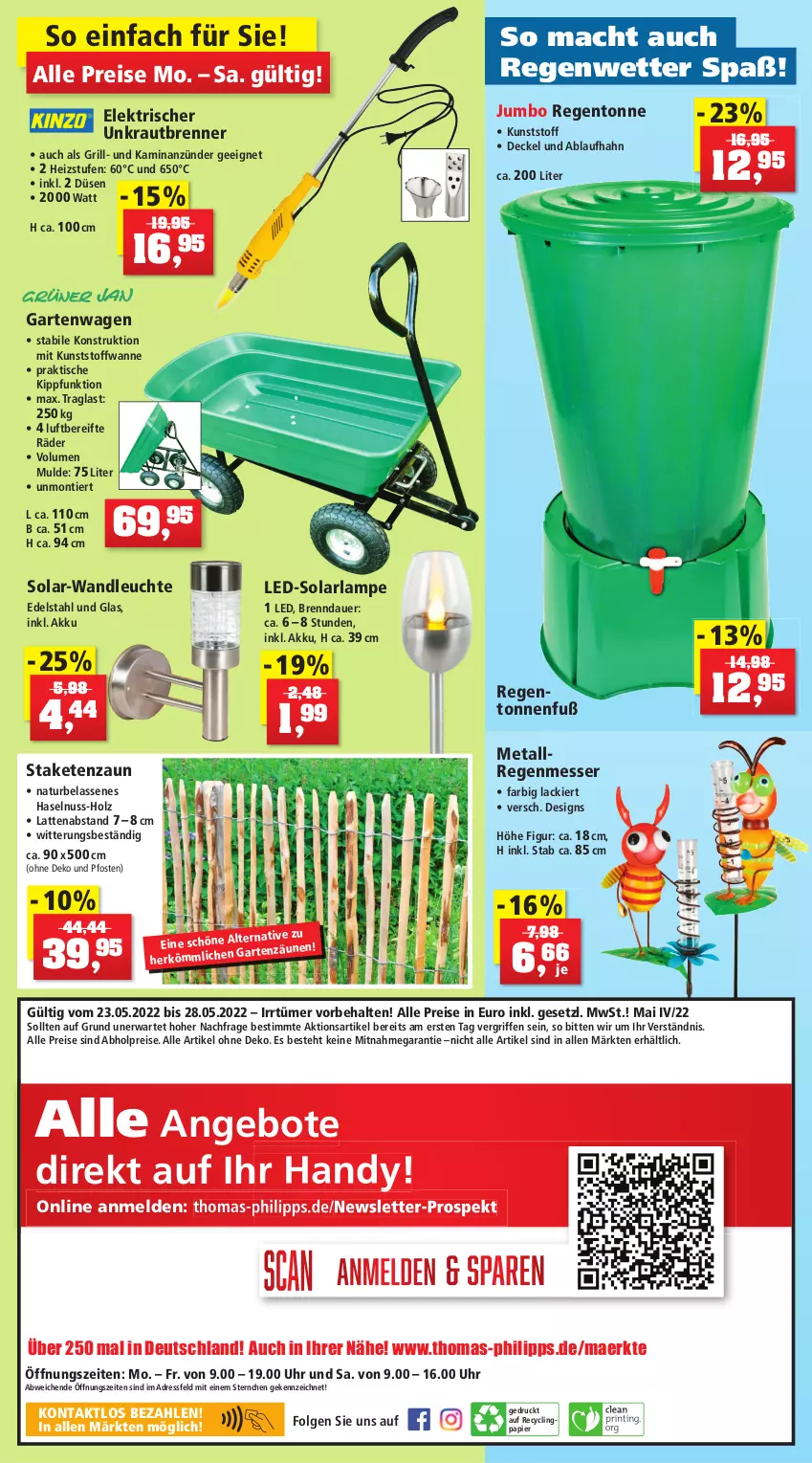 Aktueller Prospekt Thomas Philipps - Prospektwerbung - von 23.05 bis 28.05.2022 - strona 12 - produkty: abholpreise, akku, alle preise sind abholpreise, angebot, angebote, anzünder, arla, auer, Clin, decke, Deckel, edelstahl, eis, Garten, grill, Handy, haselnuss, Holz, jumbo, Kamin, Kraut, lack, Lampe, latte, Leuchte, LG, mac, messer, natur, nuss, papier, reis, solarlampe, staketenzaun, Ti, tisch, uhr, Wanne