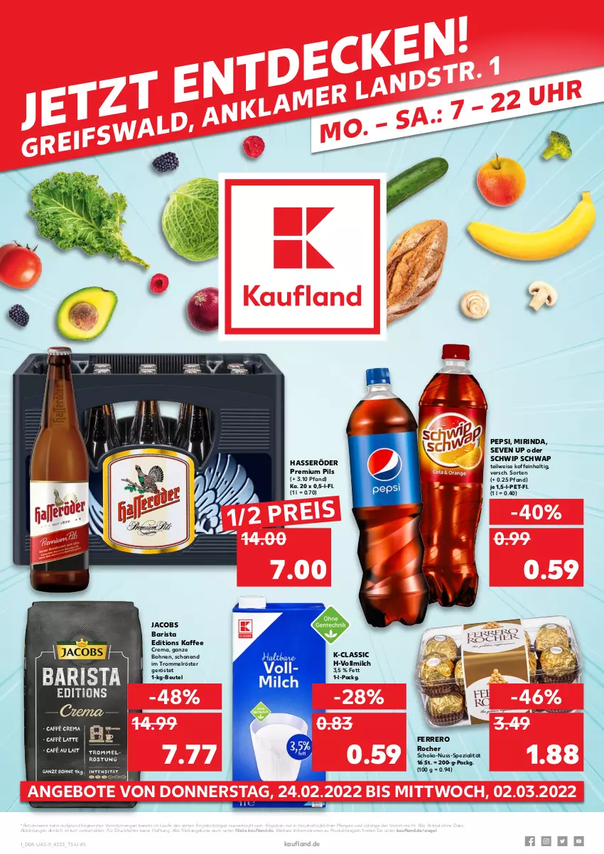 Aktueller Prospekt Kaufland - von 24.02 bis 02.03.2022 - strona 1 - produkty: angebot, angebote, beutel, bohne, bohnen, eis, ferrero, Ferrero Rocher, hasseröder, jacobs, kaffee, milch, Mirinda, nuss, pepsi, pils, premium pils, reis, rind, schoko, Schwip Schwap, Spezi, Ti, trommel, vollmilch, ZTE