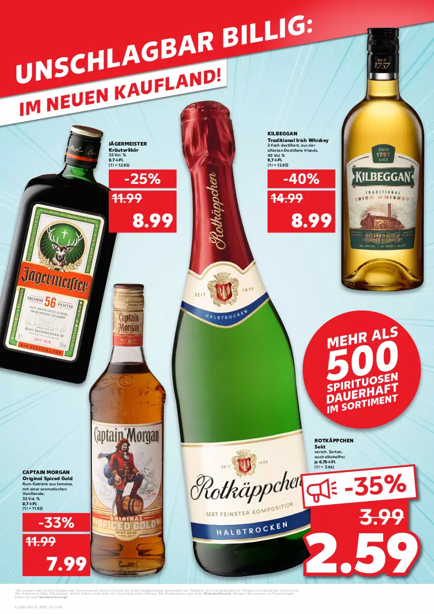 Aktueller Prospekt Kaufland - von 24.02 bis 02.03.2022 - strona 8 - produkty: alkohol, angebot, angebote, Cap, captain morgan, eis, Germ, getränk, gin, irish whiskey, jägermeister, kilbeggan, kräuter, kräuterlikör, likör, Meister, original spiced gold, rotkäppchen, rum, sekt, Ti, tisch, vanille, whiskey, ZTE