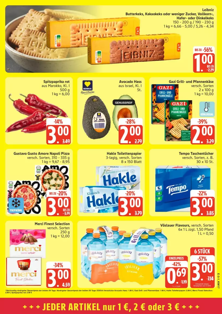 Aktueller Prospekt Edeka - Prospekte - von 20.04 bis 25.04.2026 - strona 4 - produkty: auer, avocado, butter, butterkeks, grill, hafer, hakle, hakle toilettenpapier, kakao, Käse, keks, korn, leibniz, merci, papier, paprika, paprika rot, pfanne, pfannen, pfannenkäse, pizza, Spitzpaprika, Tasche, taschen, taschentücher, Tempo, Ti, toilettenpapier, tücher, und pfanne, vöslauer, ZTE, zucker