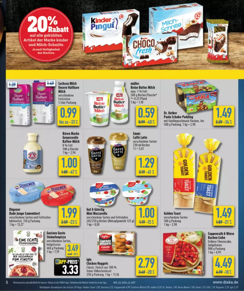 Aktueller Prospekt Diska - von 27.05 bis 01.06.2024 - strona 7 - produkty: Bad, Bade Junge, Becher, butter, cheesecake, chicken nuggets, coppenrath, eis, emmi, flasche, golden toast, hähnchenbrust, haltbare milch, iglo, kaffee, kuchen, latte, mac, milch, mozzarella, Müller, nuggets, nuss, Ofen, Paula, pizza, pudding, rel, sac, schoko, steinofen, Stier, Ti, toast, vanille