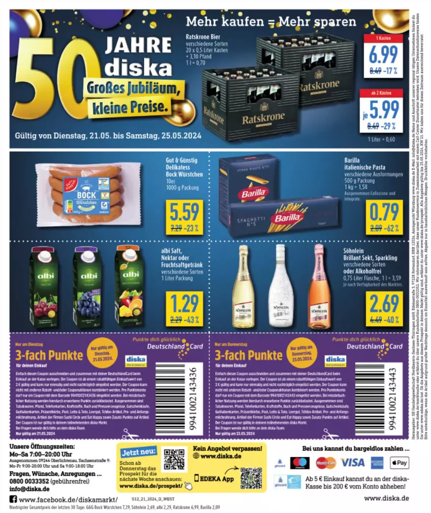 Aktueller Prospekt Diska - von 21.05 bis 25.05.2024 - strona 12 - produkty: angebot, angebote, barilla, bier, brillant sekt, buch, coupon, deka, deutschland card, eis, ente, erde, gutschein, italienische pasta, kraft, krone, pasta, rasen, reis, sac, sekt, söhnlein, Tchibo, tee, telefon, Ti, uhr, würstchen, ZTE