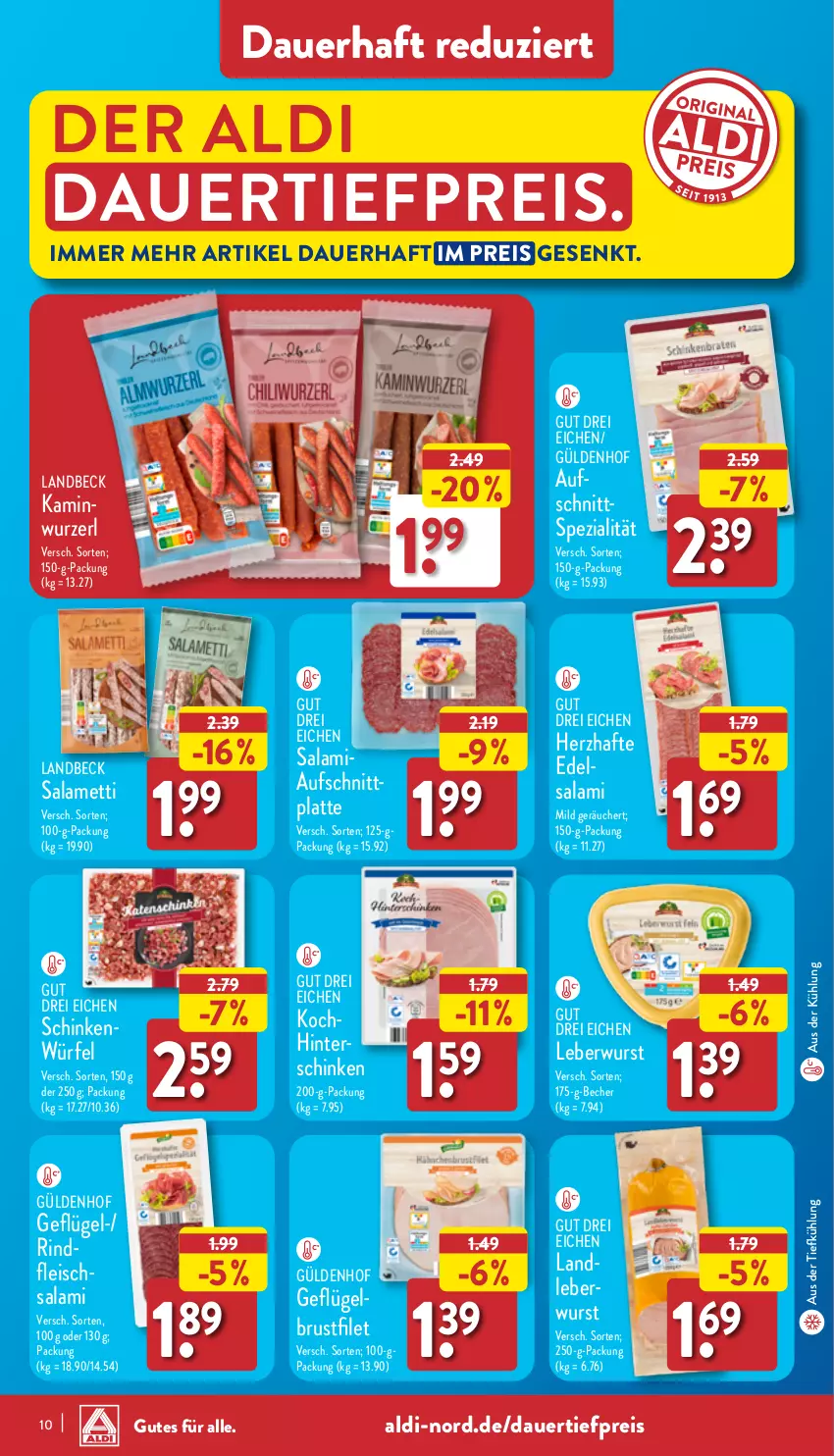 Aktueller Prospekt Aldi Nord - Von Montag - von 27.11 bis 02.12.2023 - strona 10 - produkty: aldi, auer, aufschnitt, aus der tiefkühlung, Becher, brustfilet, dauertiefpreis, eis, filet, fleisch, Geflügel, hinterschinken, Kamin, Kaminwurz, latte, leberwurst, Mett, reis, rind, salami, schinken, Spezi, Ti, tiefpreis, würfel, wurst