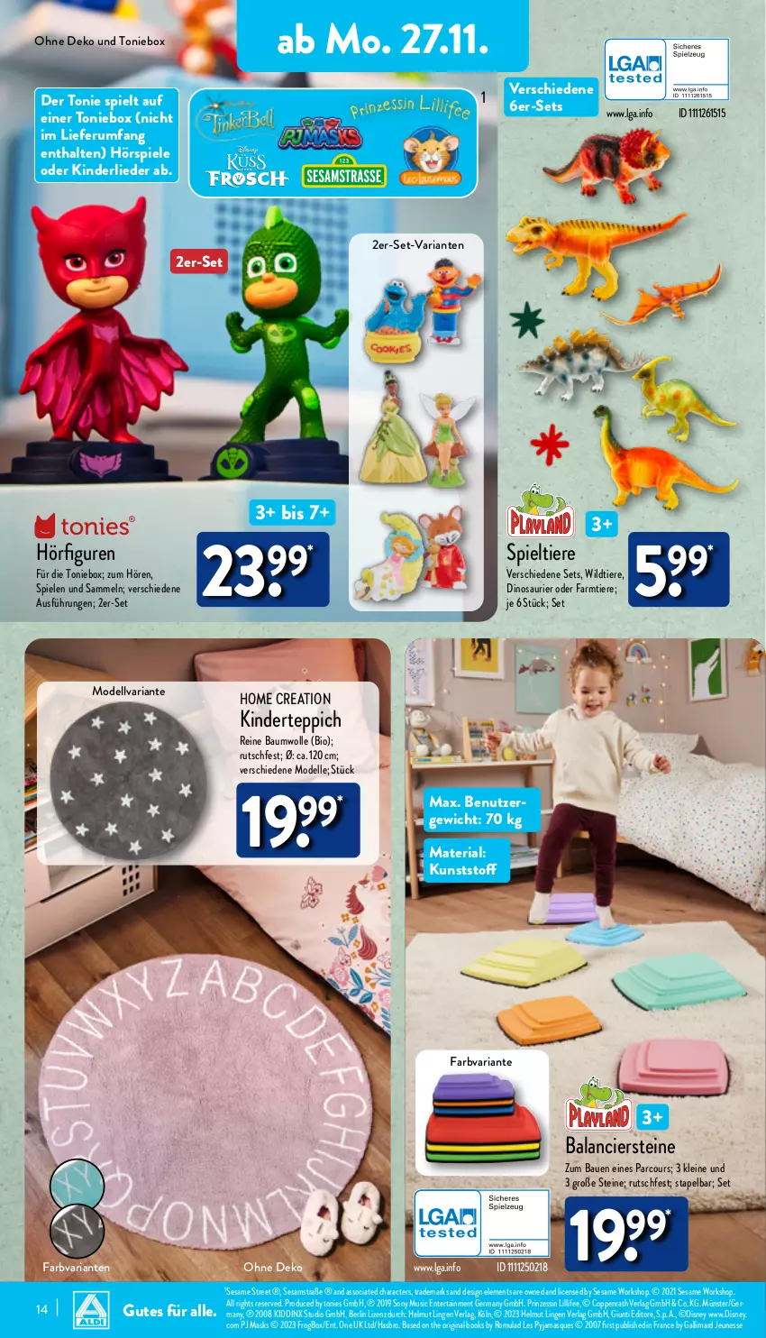 Aktueller Prospekt Aldi Nord - Von Montag - von 27.11 bis 02.12.2023 - strona 14 - produkty: Bau, baumwolle, bio, coppenrath, dell, disney, elle, ente, Germ, gin, Hasbro, Kinder, leine, LG, Mode, Pyjama, reine baumwolle, Ria, rum, sesam, Sesamstraße, sony, Spiele, Spieltiere, teppich, Ti, Tiere, Toniebox, Wild, wolle