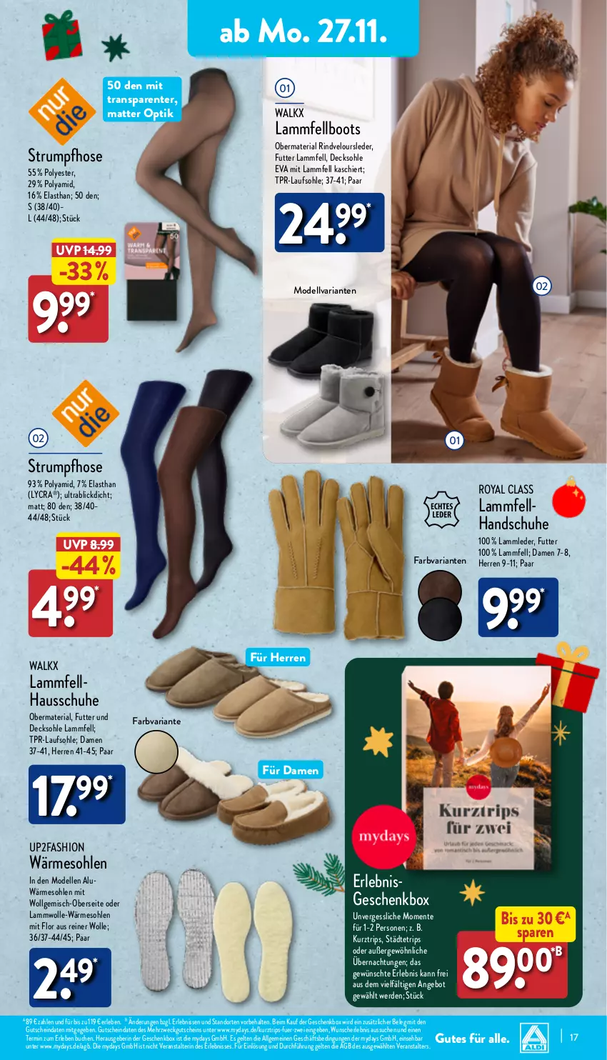 Aktueller Prospekt Aldi Nord - Von Montag - von 27.11 bis 02.12.2023 - strona 17 - produkty: angebot, buch, decksohle, dell, elle, ente, erde, Geschenkbox, gutschein, handschuhe, Hausschuhe, hose, lamm, Lammfell, LG, Mode, mydays, Ria, rind, rum, schuhe, Strumpfhose, Ti, up2fashion, walkx, weck, wolle