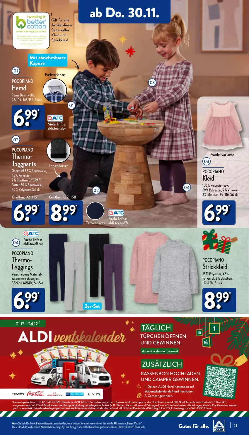 Aktueller Prospekt Aldi Nord - Von Montag - von 27.11 bis 02.12.2023 - strona 21 - produkty: aldi, Bau, baumwolle, bett, buch, dell, eis, erde, gewinnspiel, gin, gutschein, hemd, HP, kleid, leggings, Liege, Mode, Pants, pocopiano, reine baumwolle, reis, Ria, rwe, Strickkleid, Thermoleggings, Ti, wolle