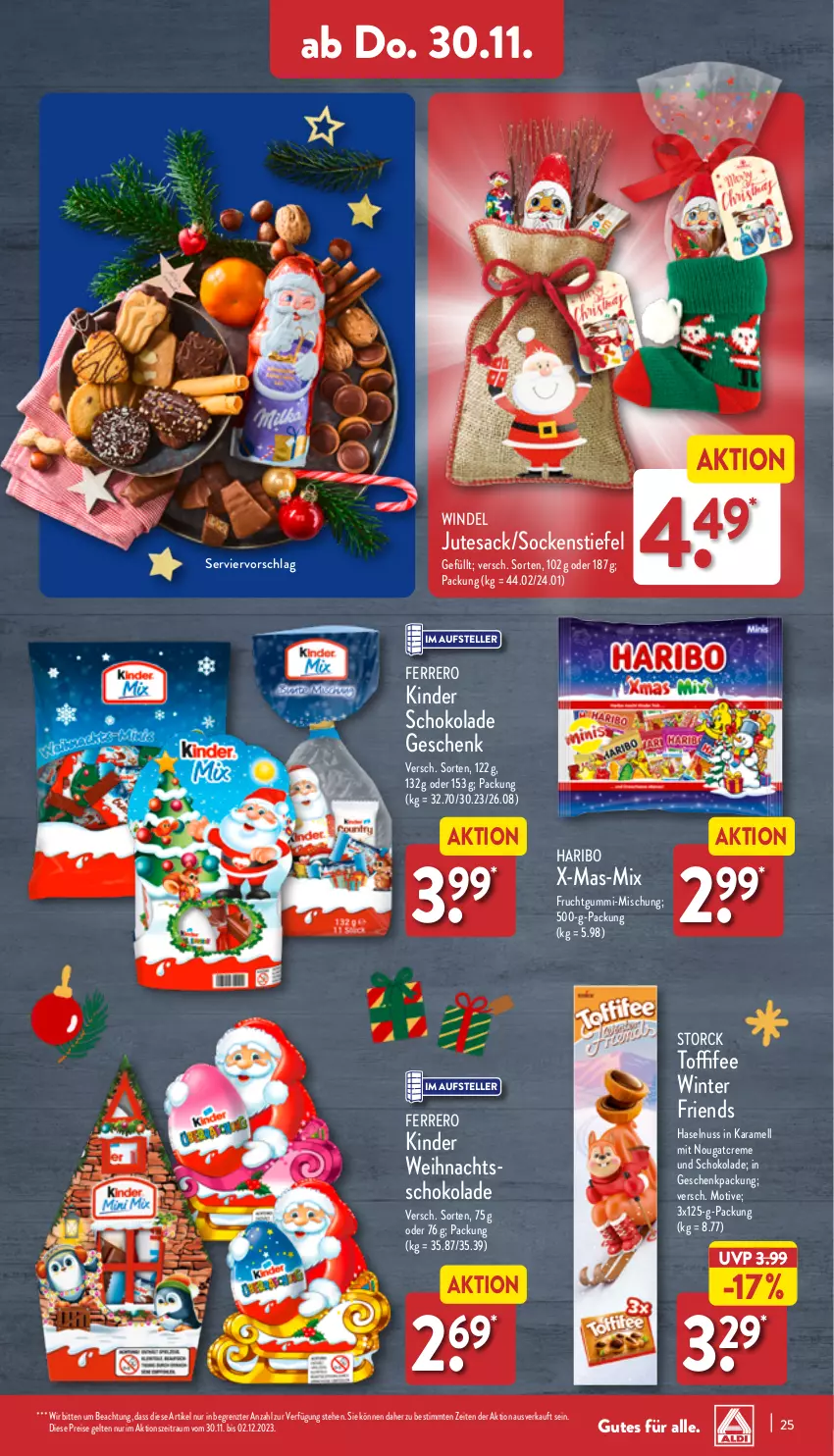 Aktueller Prospekt Aldi Nord - Von Montag - von 27.11 bis 02.12.2023 - strona 25 - produkty: creme, eis, elle, ferrero, frucht, fruchtgummi, geschenkpackung, haribo, haselnuss, karamell, Kinder, kinder schokolade, Nougatcreme, nuss, reis, sac, schoko, schokolade, socken, storck, teller, tesa, Ti, toffifee, ZTE