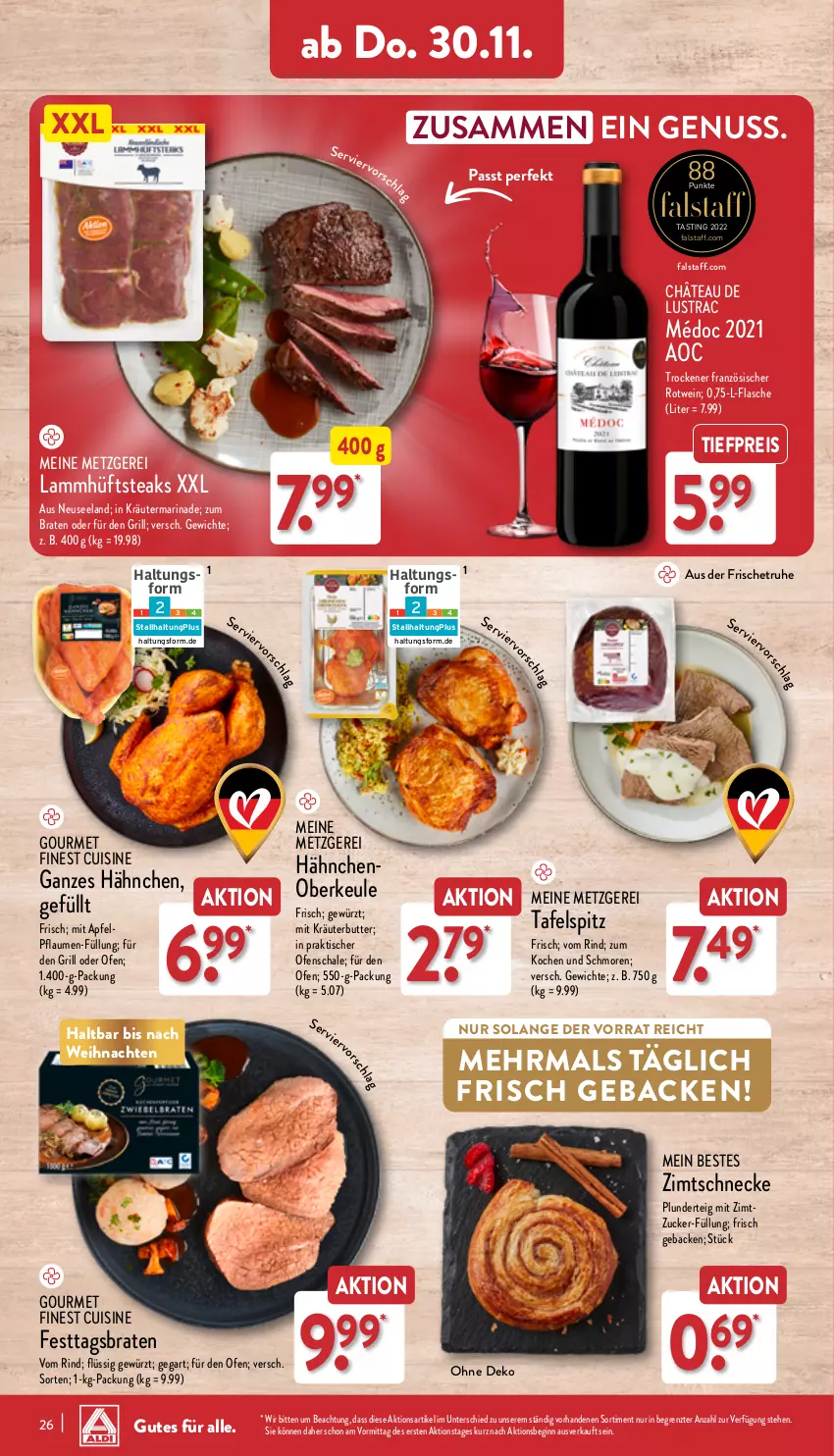 Aktueller Prospekt Aldi Nord - Von Montag - von 27.11 bis 02.12.2023 - strona 26 - produkty: apfel, asti, braten, butter, eis, Elan, flasche, geback, gewürz, gin, grill, hüftsteak, hüftsteaks, kräuter, kräuterbutter, lamm, marinade, nuss, Ofen, pflaume, pflaumen, Plunder, reis, rind, rotwein, Schal, Schale, steak, steaks, tafelspitz, Ti, tiefpreis, tisch, weihnachten, wein, ZTE, zucker