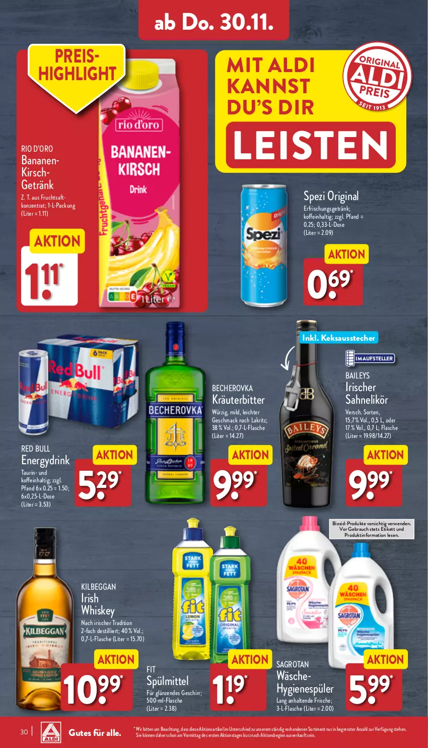 Aktueller Prospekt Aldi Nord - Von Montag - von 27.11 bis 02.12.2023 - strona 30 - produkty: aldi, Ausstecher, baileys, banane, bananen, Becher, Becherovka, bio, drink, eis, elle, erfrischungsgetränk, flasche, frucht, fruchtsaft, geschirr, getränk, gin, hero, hygienespüler, irish whiskey, keks, kilbeggan, kirsch, kräuter, Lakritz, likör, mac, Rauch, red bull, reis, rwe, saft, sagrotan, sahne, Spezi, spülmittel, teller, Ti, whiskey, ZTE