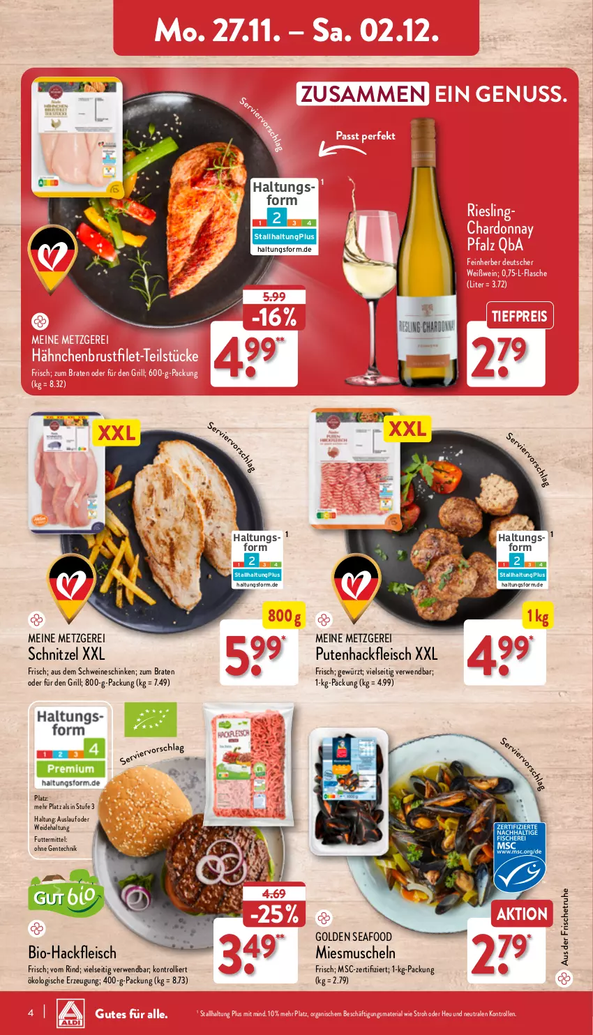 Aktueller Prospekt Aldi Nord - Von Montag - von 27.11 bis 02.12.2023 - strona 4 - produkty: bio, Bio-Hackfleisch, braten, brustfilet, chardonnay, eis, filet, flasche, fleisch, gewürz, grill, hackfleisch, hähnchenbrust, hähnchenbrustfilet, Heu, Muscheln, nuss, pute, Putenhackfleisch, reis, Ria, riesling, rind, rwe, schinken, schnitzel, schwein, schweine, Ti, tiefpreis, trolli, wein, weine, Weißwein