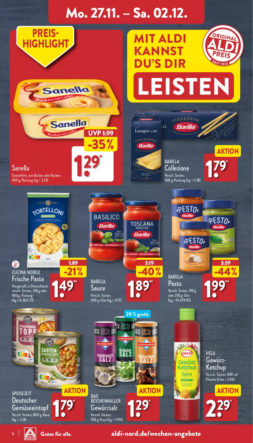 Aktueller Prospekt Aldi Nord - Von Montag - von 27.11 bis 02.12.2023 - strona 6 - produkty: aldi, angebot, angebote, Bad, barilla, braten, cin, eintopf, eis, flasche, Frische Pasta, gewürz, gewürzketchup, gewürzsalz, Hela, ketchup, pasta, pesto, reis, salz, sauce, Ti, topf