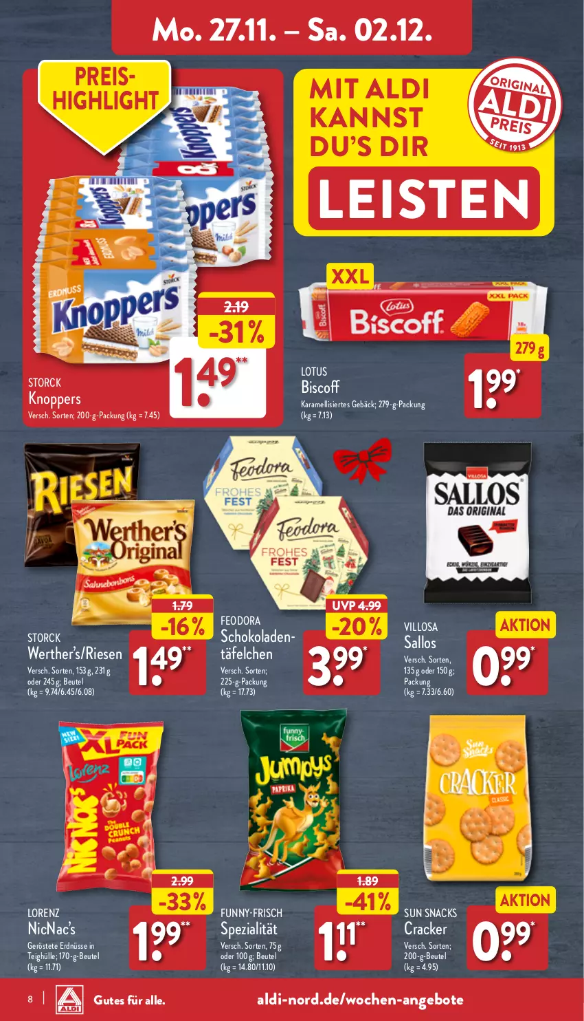 Aktueller Prospekt Aldi Nord - Von Montag - von 27.11 bis 02.12.2023 - strona 8 - produkty: aldi, angebot, angebote, beutel, biscoff, cracker, eis, erdnüsse, funny-frisch, karamell, knoppers, lorenz, reis, schoko, schokolade, schokoladen, snack, snacks, Spezi, storck, Sun Snacks, Ti