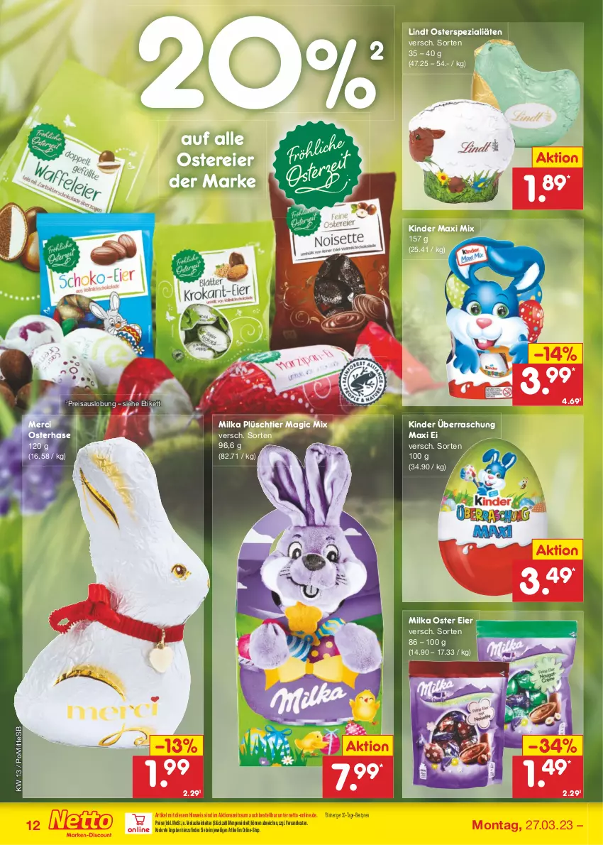 Aktueller Prospekt Netto Marken-Discount - Filial-Angebote - von 27.03 bis 01.04.2023 - strona 12 - produkty: bestpreis, eier, eis, Kinder, Kinder Maxi, lindt, merci, milka, ndk, Plüsch, reis, Spezi, Ti