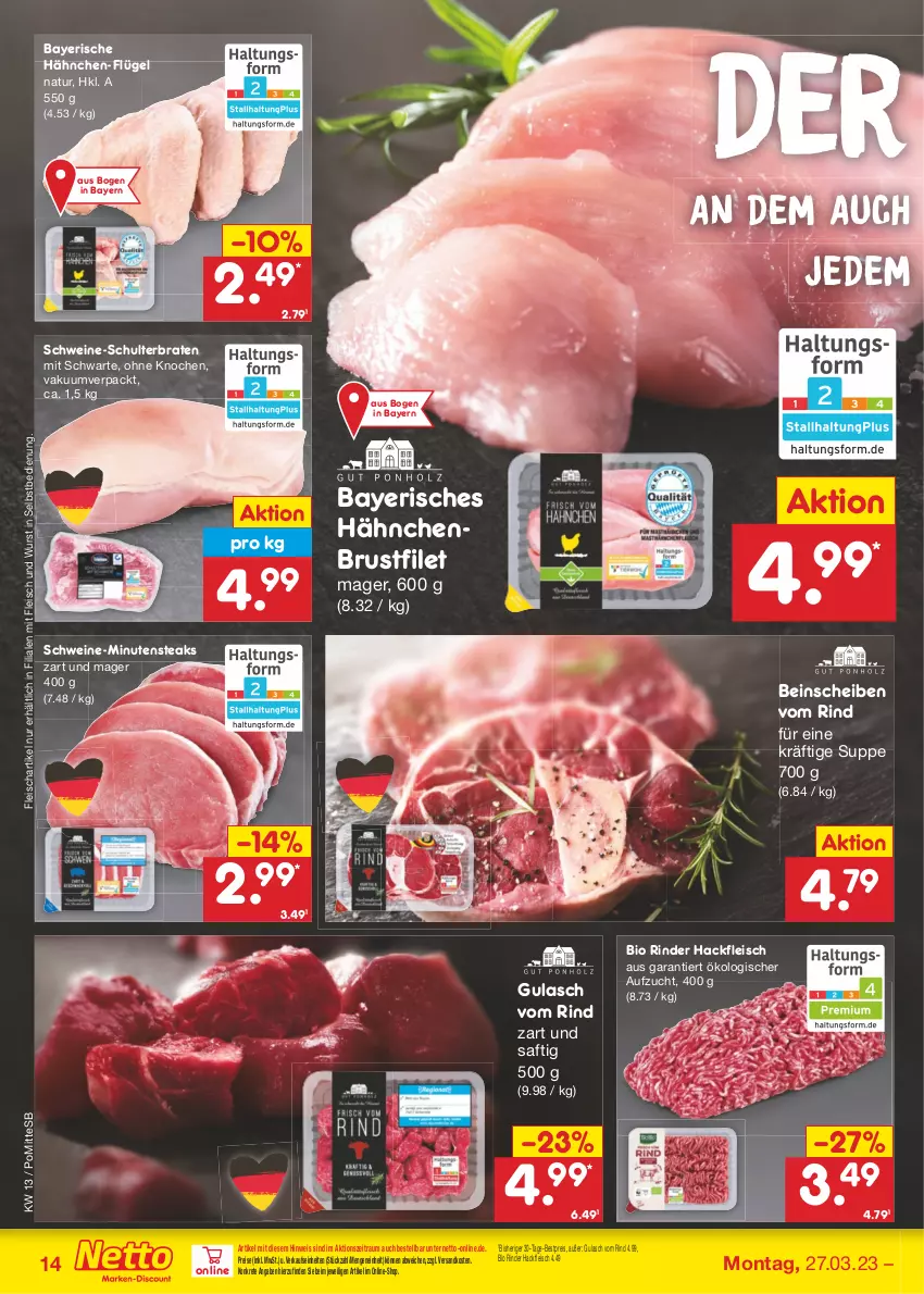 Aktueller Prospekt Netto Marken-Discount - Filial-Angebote - von 27.03 bis 01.04.2023 - strona 14 - produkty: bestpreis, bio, braten, brustfilet, eis, filet, fleisch, gulasch, hackfleisch, hähnchenbrust, hähnchenbrustfilet, minutensteaks, natur, ndk, reis, rind, rinder, saft, schwein, schweine, steak, steaks, suppe, Ti, wein, weine, wurst, wurst in selbstbedienung