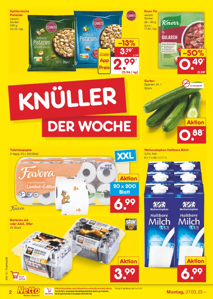 Aktueller Prospekt Netto Marken-Discount - Filial-Angebote - von 27.03 bis 01.04.2023 - strona 2 - produkty: asti, batterie, batterien, bestpreis, eis, gurke, gurken, haltbare milch, knorr, knorr fix, milch, ndk, papier, pistazien, reis, Ti, toilettenpapier, weihenstephan