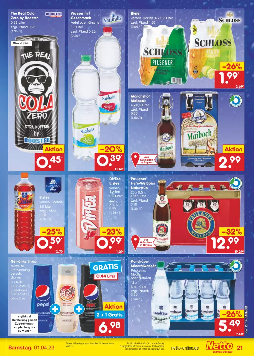 Aktueller Prospekt Netto Marken-Discount - Filial-Angebote - von 27.03 bis 01.04.2023 - strona 21 - produkty: Alwa, angebot, apfel, auer, bestpreis, bier, Biere, cola, eis, eistee, getränk, getränke, Hefe, kirsch, kirsche, mac, mineralwasser, mönchshof, natur, Paula, paulaner, reis, rel, sirup, tee, Ti, wasser, ZTE