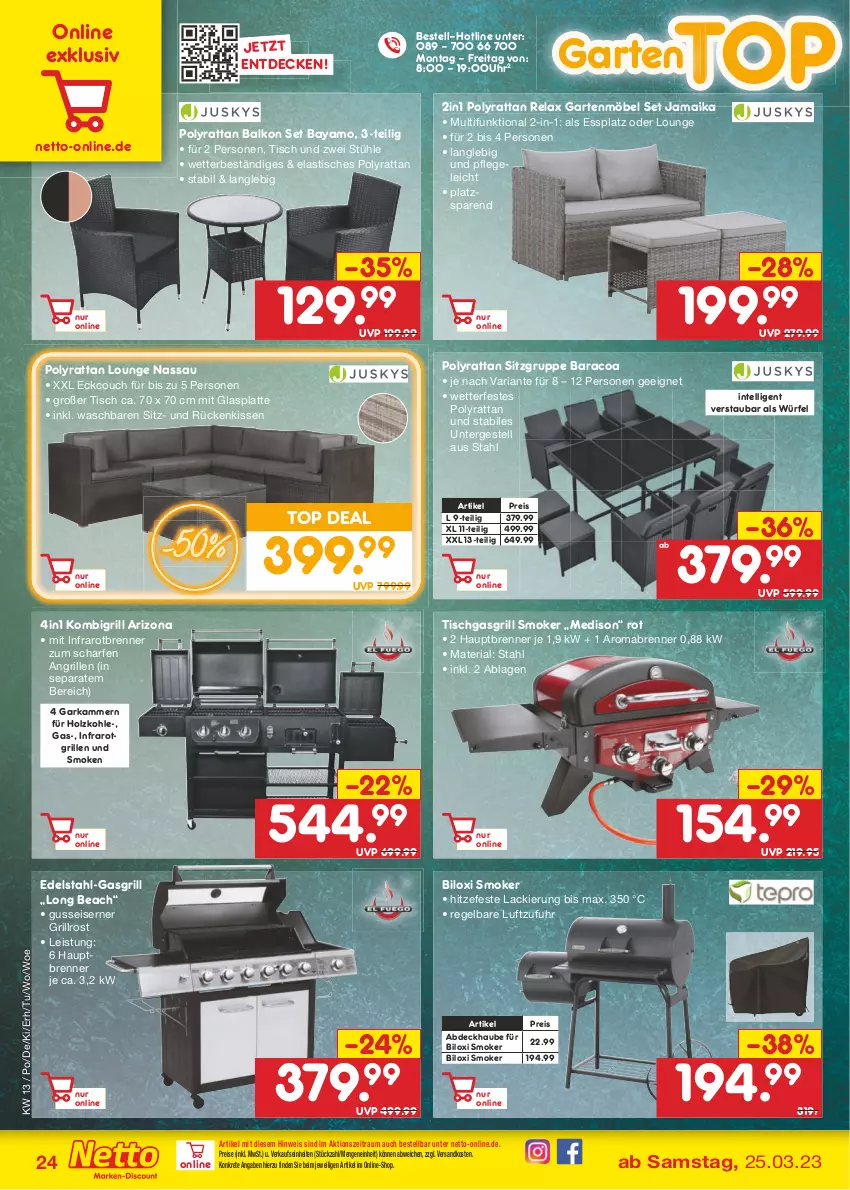 Aktueller Prospekt Netto Marken-Discount - Filial-Angebote - von 27.03 bis 01.04.2023 - strona 24 - produkty: abdeckhaube, asti, Couch, decke, edelstahl, eis, Garten, gartenmöbel, gasgrill, glasplatte, grill, grillrost, Holz, holzkohle, Intel, kissen, lack, latte, mab, möbel, ndk, reis, rel, Ria, Rückenkissen, Stühl, Ti, tisch, uhr, würfel