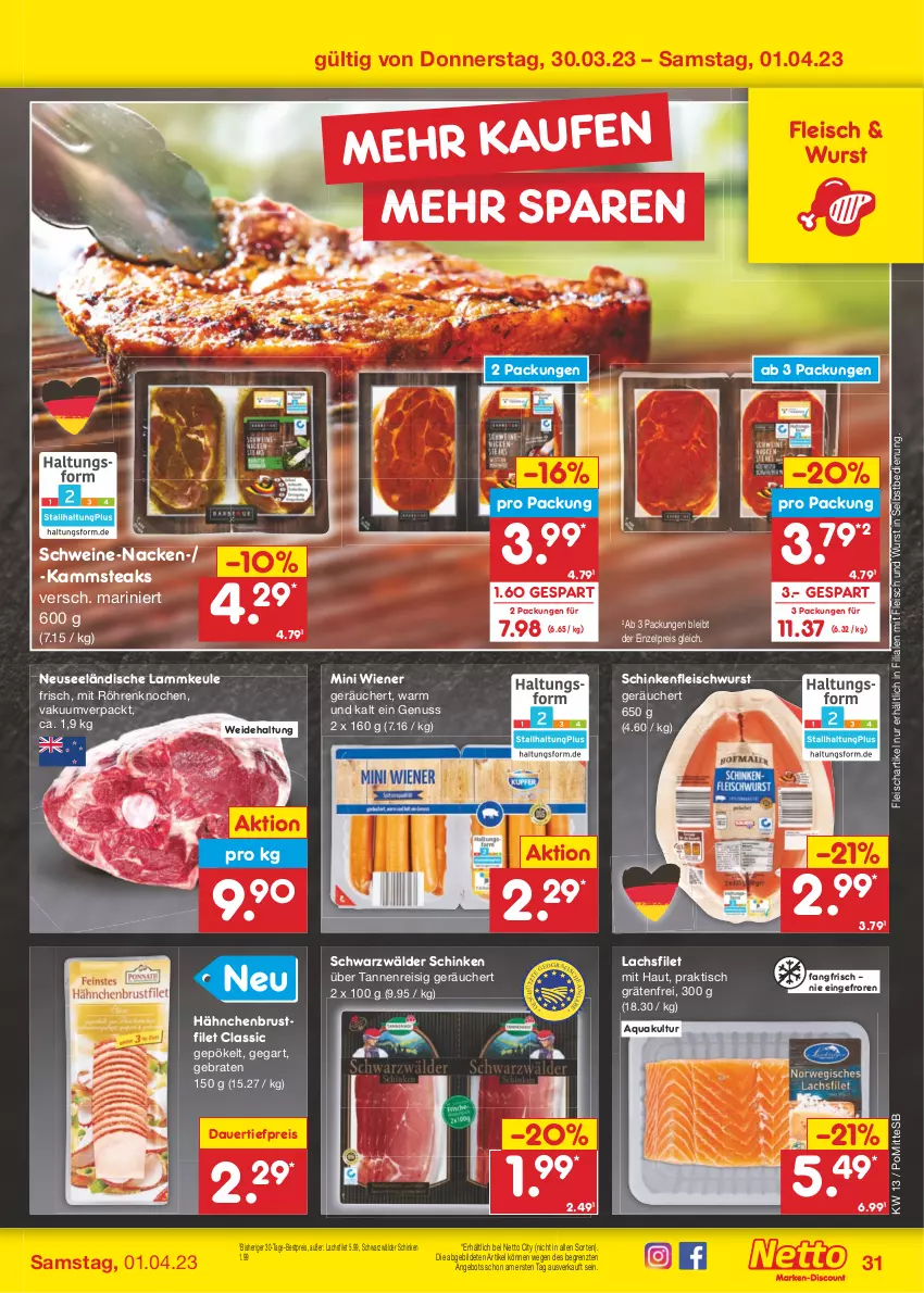 Aktueller Prospekt Netto Marken-Discount - Filial-Angebote - von 27.03 bis 01.04.2023 - strona 31 - produkty: angebot, aqua, auer, bestpreis, braten, brustfilet, dauertiefpreis, eis, filet, fleisch, fleischwurst, hähnchenbrust, hähnchenbrustfilet, lachs, lachsfilet, lamm, lammkeule, nuss, reis, schinken, schinkenfleischwurst, schwarzwälder schinken, schwein, schweine, steak, steaks, Ti, tiefpreis, tisch, wein, weine, wiener, wurst, wurst in selbstbedienung, ZTE