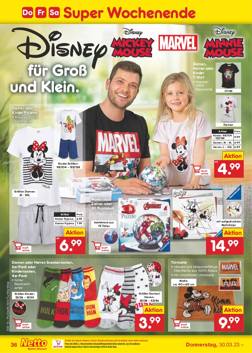 Aktueller Prospekt Netto Marken-Discount - Filial-Angebote - von 27.03 bis 01.04.2023 - strona 36 - produkty: ball, Bau, baumwolle, eis, Kinder, kokos, ndk, Puzzle, Pyjama, reis, Ria, shirt, sneaker, sneakersocken, socken, T-Shirt, Ti, wolle