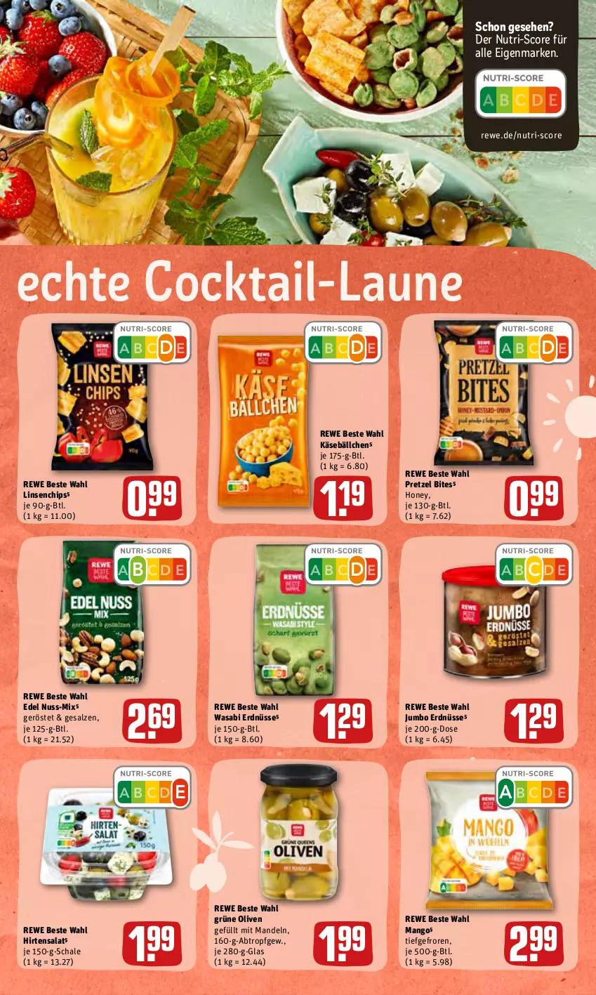 Aktueller Prospekt Rewe - Prospekte - von 27.06 bis 03.07.2022 - strona 29 - produkty: bites, chips, cocktail, erdnüsse, grüne oliven, jumbo, Käse, linsen, mandel, mandeln, mango, nuss, olive, oliven, Pretzel, rewe beste wahl, salat, salz, Schal, Schale, Ti, wasa