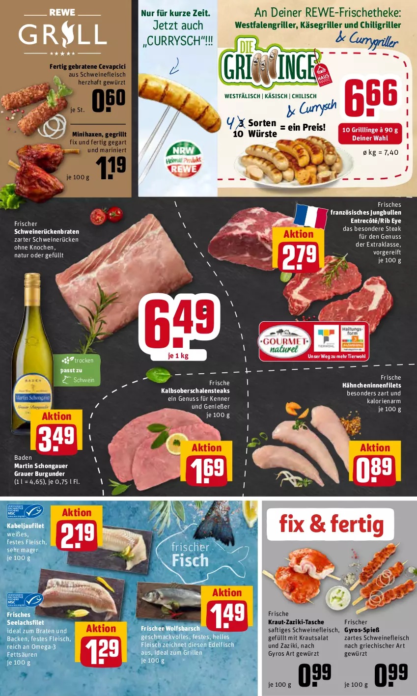 Aktueller Prospekt Rewe - Prospekte - von 27.06 bis 03.07.2022 - strona 4 - produkty: auer, axe, Bad, braten, burgunder, cevapcici, chili, curry, eis, elle, filet, filets, fisch, fleisch, Frische Hähnchen, gewürz, grauer burgunder, grill, gyros, Haxe, ideal zum braten, ideal zum grillen, jungbullen, kabeljaufilet, Käse, Kraut, krautsalat, lachs, lachsfilet, mac, natur, nuss, omega, Omega-3, reis, Rückenbraten, saft, salat, Schal, Schale, schwein, schweine, schweinefleisch, schweinerücken, seelachsfilet, steak, steaks, Tasche, Ti, wein, weine, wolfsbarsch, zaziki