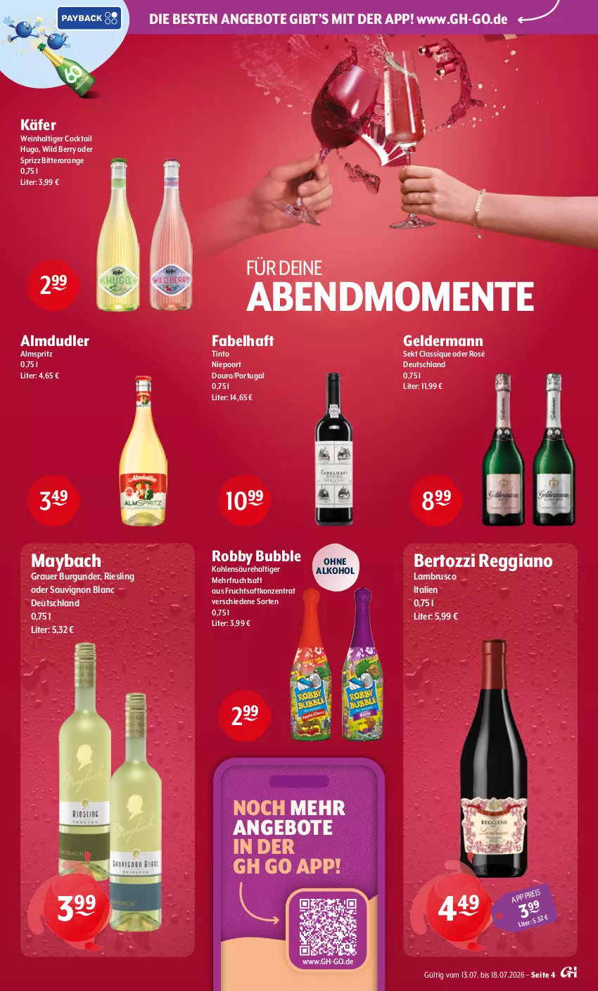 Aktueller Prospekt Getraenke Hoffmann - Prospekte - von 13.07 bis 18.07.2026 - strona 4 - produkty: alkohol, almdudler, angebot, angebote, auer, burgunder, cocktail, eis, ente, frucht, fruchtsaft, geldermann, grauer burgunder, hugo, käfer, Lambrusco, maybach, ohne alkohol, orange, reggiano, riesling, robby, saft, sauvignon, sauvignon blanc, sekt, Sprizz, Ti, wein, Wild, wild berry