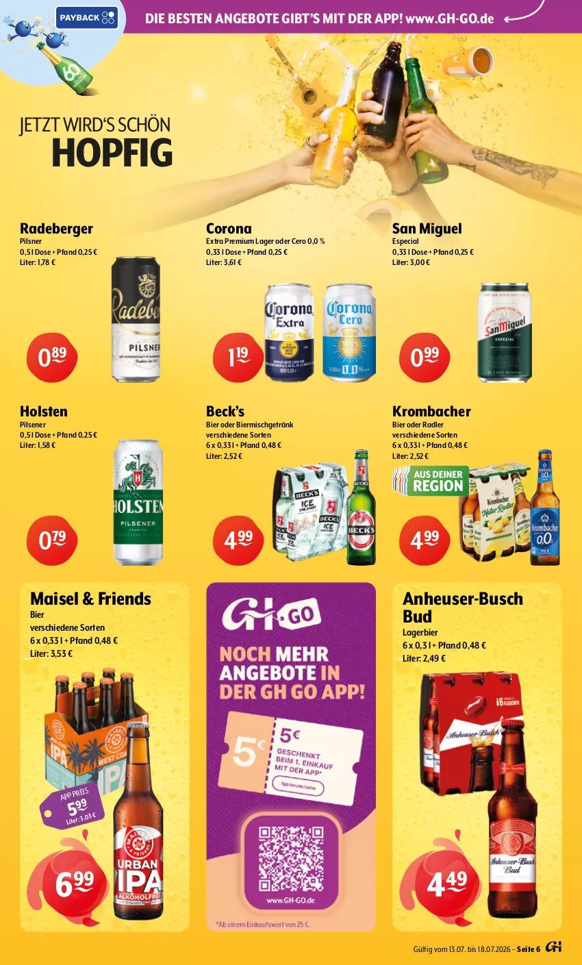 Aktueller Prospekt Getraenke Hoffmann - Prospekte - von 13.07 bis 18.07.2026 - strona 6 - produkty: angebot, angebote, Berger, bier, corona, corona extra, eis, getränk, Heu, holsten, krombache, krombacher, Lagerbier, mais, oder radler, pils, pilsener, pilsner, radeberger, radeberger pilsner, radler, Ti