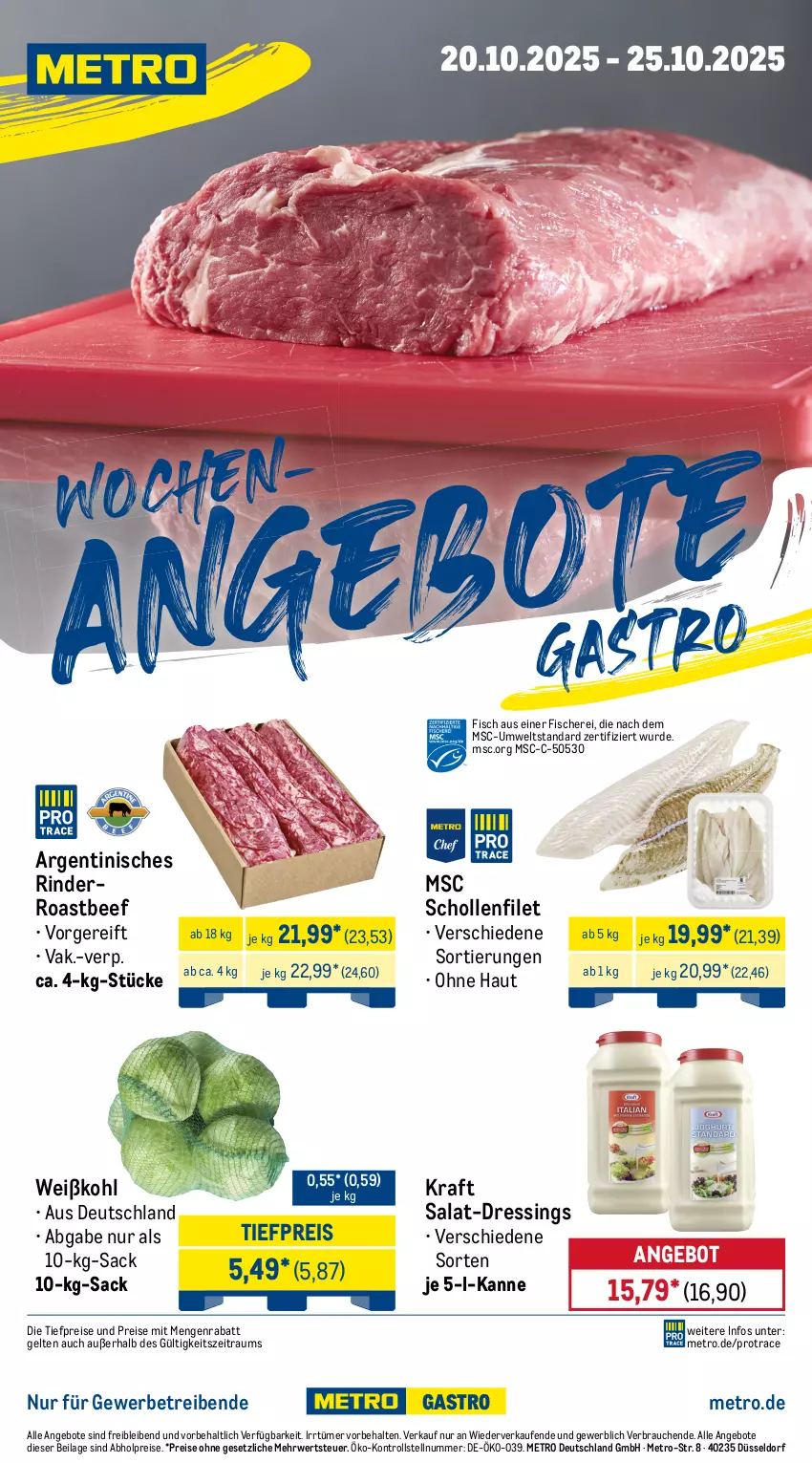 Aktueller Prospekt Metro - Wochen-Angebote Gastro - von 20.10 bis 25.10.2025 - strona 1 - produkty: abholpreise, angebot, angebote, beef, dressing, eis, filet, fisch, fische, Fischer, ilag, kraft, Metro, Rauch, reis, rind, rinder, roastbeef, rwe, sac, salat, Schere, scholl, Ti, tiefpreis, Weißkohl