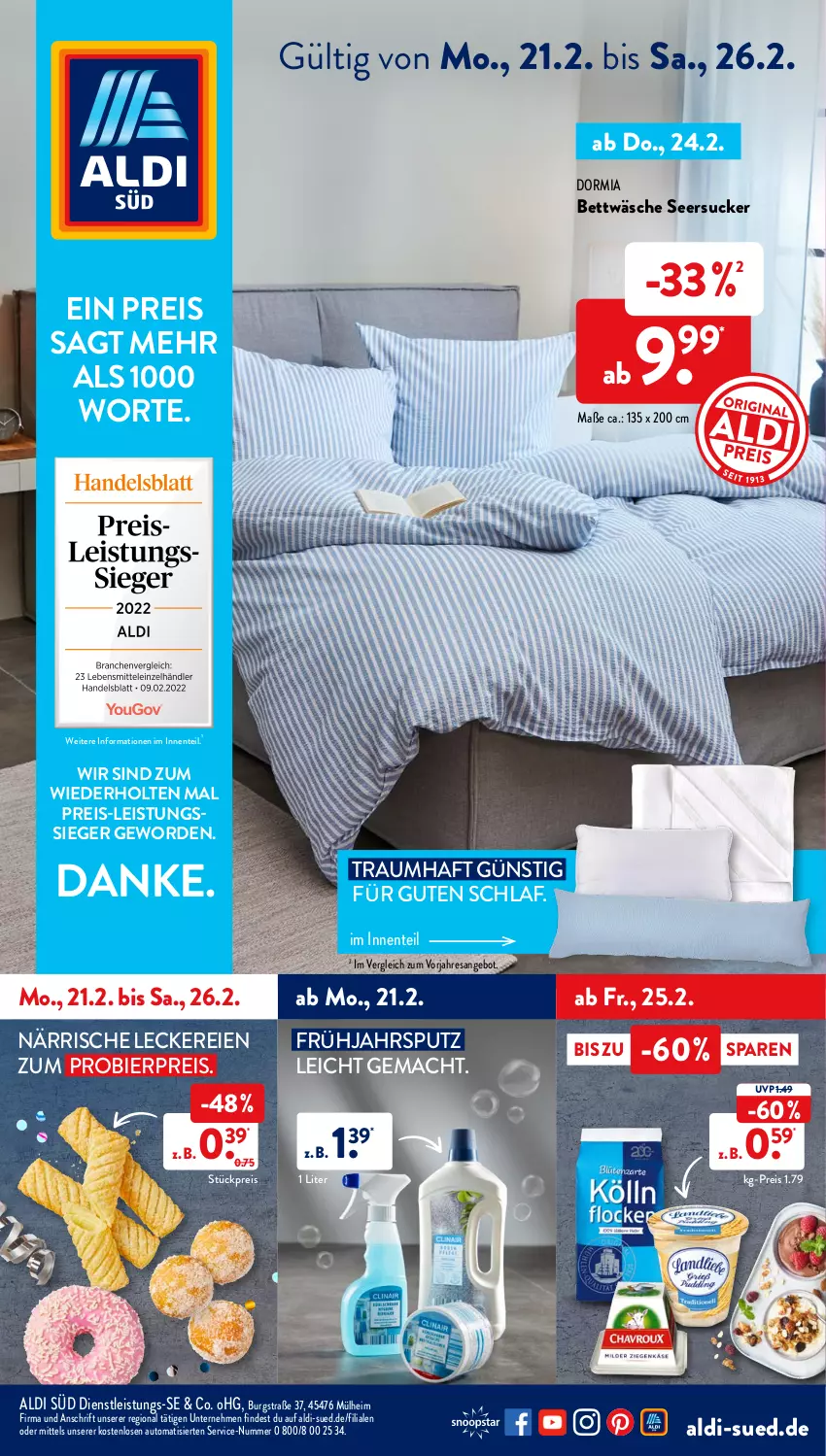 Aktueller Prospekt AldiSud - ALDI Aktuell - von 21.02 bis 26.02.2022 - strona 1 - produkty: aldi, angebot, auto, bett, bettwäsche, bier, dormia, eis, ente, mac, reis, resa, seersucker, Ti