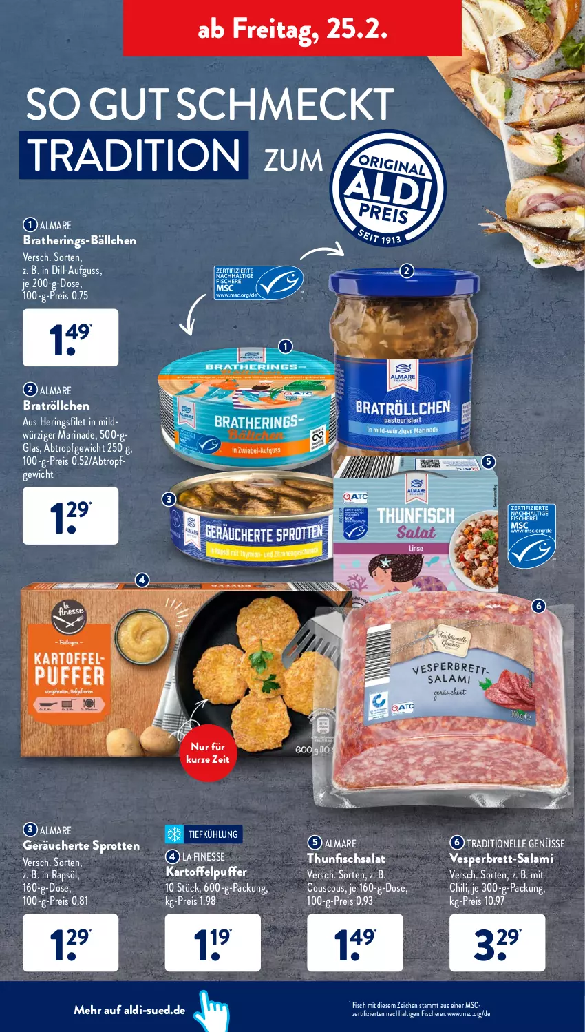 Aktueller Prospekt AldiSud - ALDI Aktuell - von 21.02 bis 26.02.2022 - strona 38 - produkty: aldi, almare, chili, couscous, eis, elle, filet, finesse, fisch, fische, Fischer, hering, Herings, kartoffel, kartoffelpuffer, marinade, rapsöl, reis, ring, salami, salat, Schere, Sprotten, thunfisch, Thunfischsalat, Ti