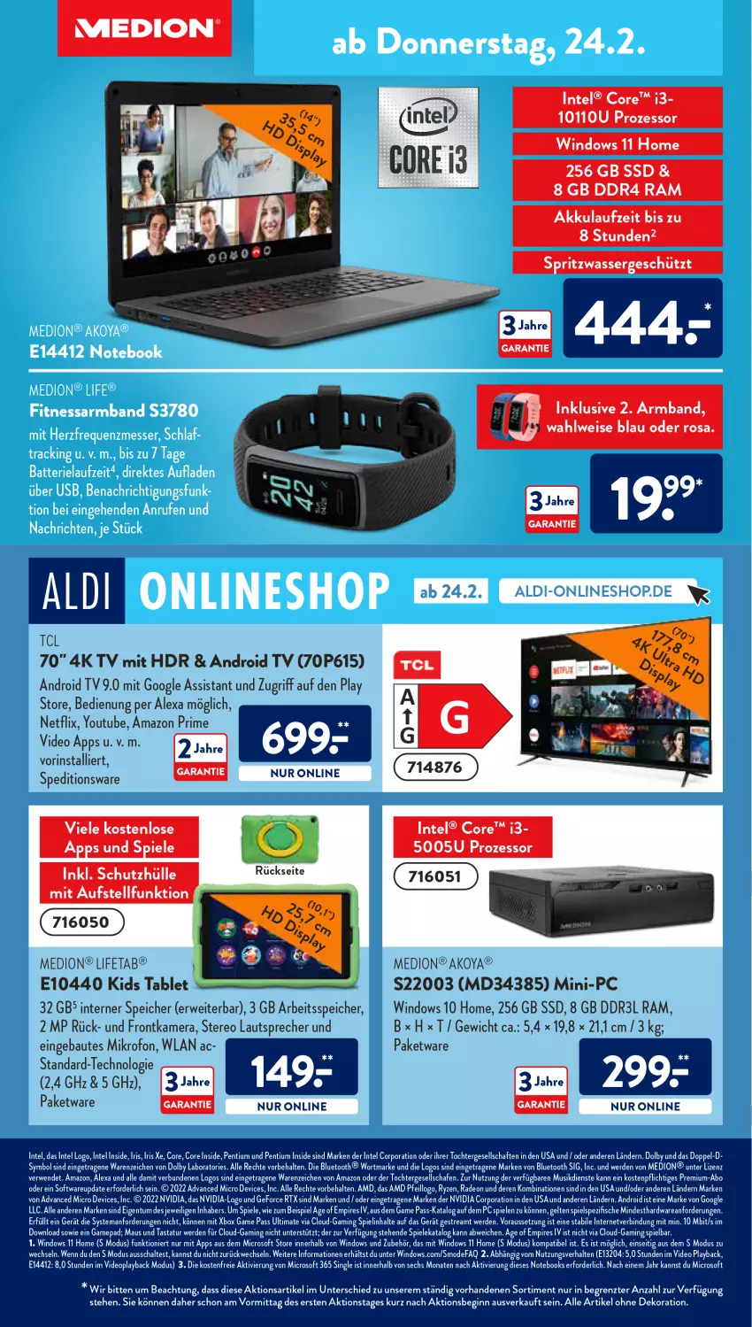 Aktueller Prospekt AldiSud - ALDI Aktuell - von 21.02 bis 26.02.2022 - strona 47 - produkty: akku, aldi, alexa, alle artikel ohne dekoration, Android TV, Armband, Bau, core i3, dekoration, deo, eis, erde, feta, fisch, fische, frontkamera, geforce, gin, hardware, Intel, kamera, lautsprecher, Maus, medion, Mode, netflix, notebook, notebooks, nvidia, Pentium, radeon, rtx, rwe, ryzen, Schal, schutzhülle, Software, Spezi, Spiele, ssd, tablet, Tastatur, Ti, wasser, Xbox, Yo, ZTE