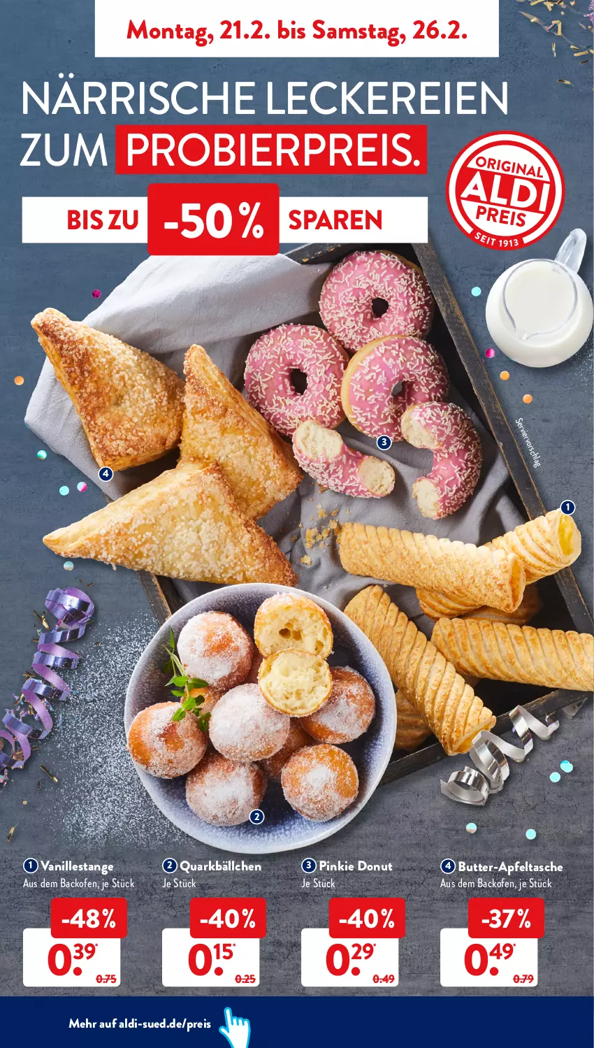 Aktueller Prospekt AldiSud - ALDI Aktuell - von 21.02 bis 26.02.2022 - strona 6 - produkty: aldi, apfel, Apfeltasche, backofen, bier, butter, Donut, eis, Ofen, quark, reis, Tasche, vanille, Vanillestange