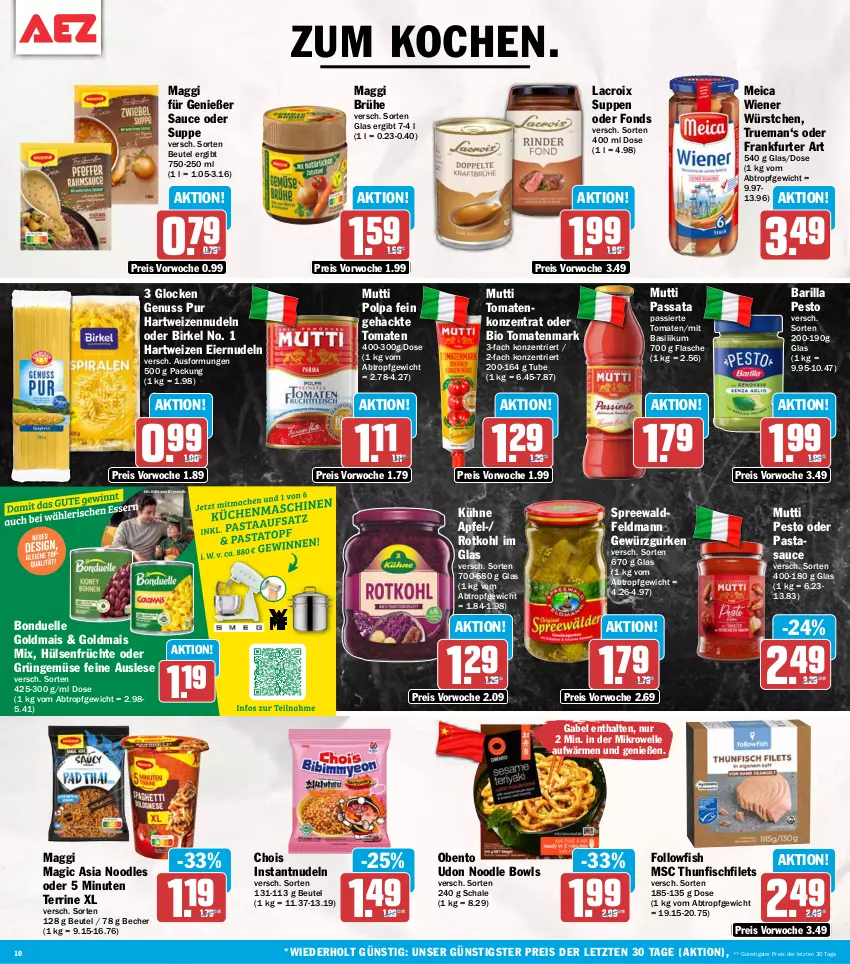 Aktueller Prospekt Aez - Prospekte - von 05.10 bis 10.10.2026 - strona 10 - produkty: apfel, barilla, basilikum, Becher, beutel, bio, birkel, bonduelle, bonduelle goldmais, Brühe, eier, eiernudeln, eis, elle, filet, filets, fisch, flasche, followfish, frankfurter, früchte, gabel, gewürz, Gewürzgurke, gewürzgurken, Goldmais, gurke, gurken, hartweizen, hülsenfrüchte, Kühne, maggi, mais, meica, mikrowelle, Mutti, nudel, nudeln, nuss, pasta, pesto, reis, rotkohl, sauce, Schal, Schale, senf, suppe, suppen, terrine, thunfisch, Ti, tomate, tomaten, tomatenmark, wiener, wiener würstchen, würstchen, ZTE