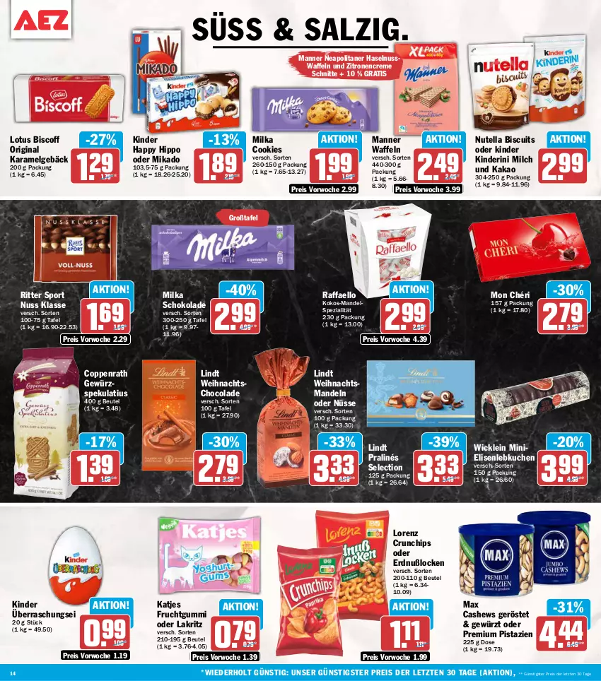 Aktueller Prospekt Aez - Prospekte - von 05.10 bis 10.10.2026 - strona 14 - produkty: beutel, biscoff, Cashew, chips, cola, cookie, cookies, coppenrath, creme, crunchips, eis, frucht, fruchtgummi, gewürz, gin, haselnuss, hipp, kakao, katjes, Kinder, kokos, kuchen, Lakritz, Lebkuchen, LG, lindt, lorenz, lorenz crunchips, mandel, mandeln, Manner, mikado, milch, milka, milka schokolade, Mon Chéri, nuss, nutella, oder lakritz, pistazien, raffaello, reis, ritter, ritter sport, salz, schoko, schokolade, Spezi, Sport, Ti, waffeln, WICK, zitrone, zitronen, ZTE
