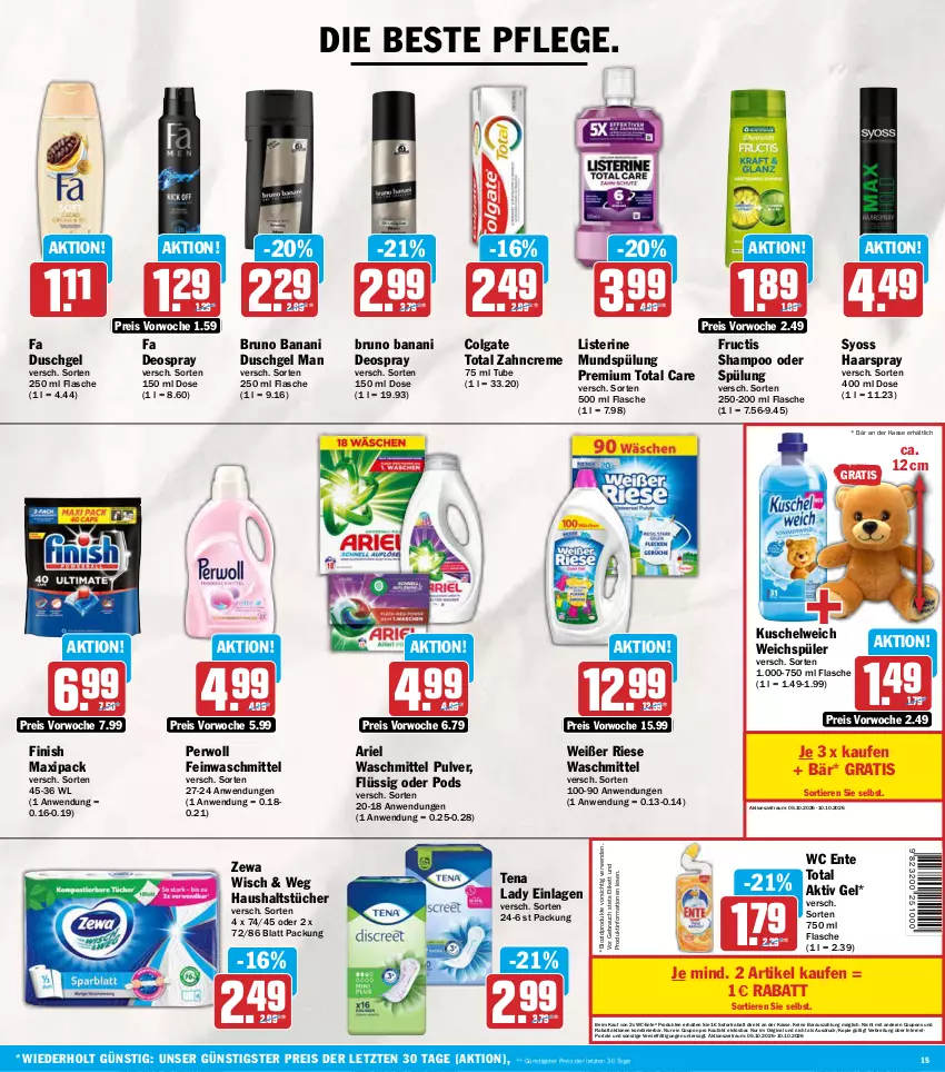 Aktueller Prospekt Aez - Prospekte - von 05.10 bis 10.10.2026 - strona 15 - produkty: aktiv gel, ariel, ariel waschmittel, bio, biozidprodukte, Brei, bruno banani, colgate, colgate total, coupon, coupons, creme, deo, deospray, duschgel, eis, ente, fa duschgel, feinwaschmittel, Finish, flasche, fructis, gin, haarspray, haushaltstücher, Kuschelweich, LG, listerine, mundspülung, perwoll, Pods, Rauch, reis, rwe, shampoo, shampoo oder spülung, sofortrabatt, spülung, syoss, Tena Lady, Ti, Tiere, total care, tücher, waschmittel, wc ente, weichspüler, Yo, zahncreme, zewa, ZTE