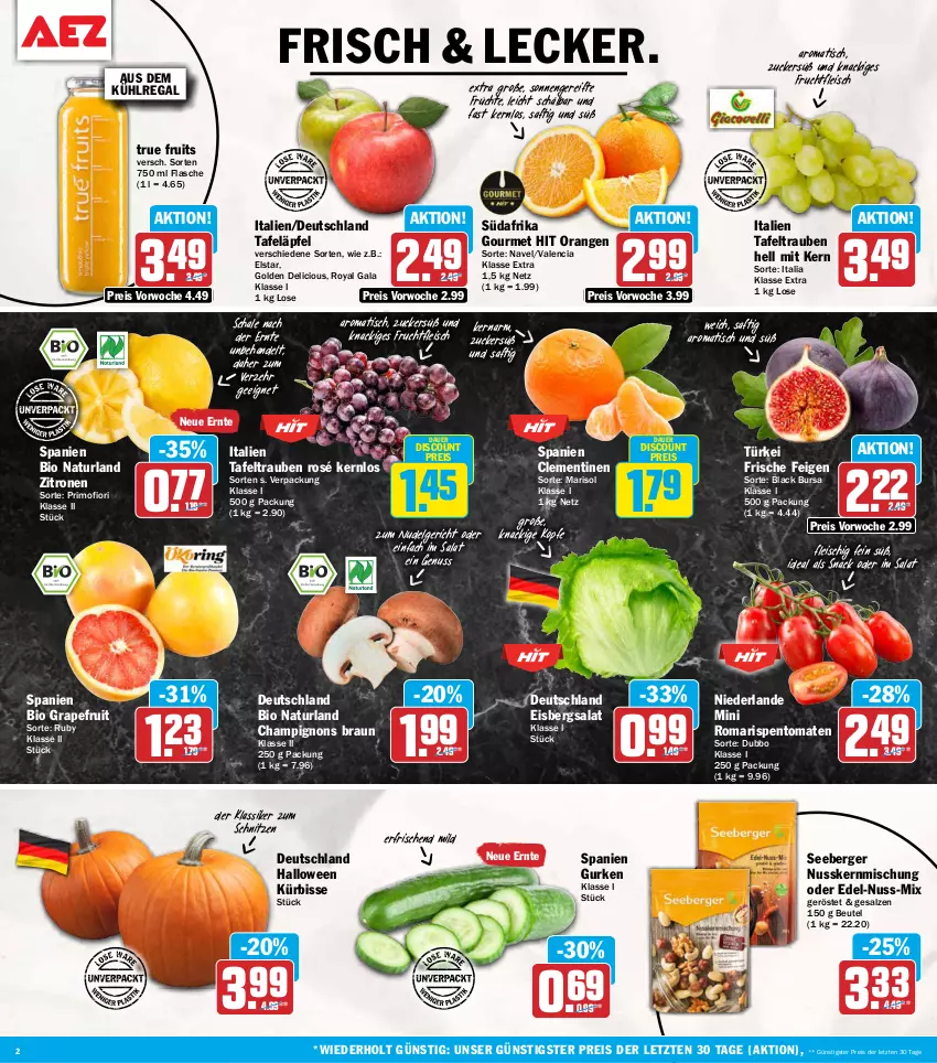 Aktueller Prospekt Aez - Prospekte - von 05.10 bis 10.10.2026 - strona 2 - produkty: auer, aus dem kühlregal, Berger, beutel, bio, braun, champignon, champignons, champignons braun, clementinen, discount, eis, eisbergsalat, Feigen, flasche, fleisch, frucht, früchte, fruchtfleisch, grapefruit, gurke, gurken, kühlregal, Kürbis, lack, LG, natur, naturland, nudel, Nudelgericht, nuss, orange, orangen, regal, reis, rispentomaten, saft, salat, salz, Schal, Schale, seeberger, snack, tafeläpfel, tafeltrauben, Ti, tisch, tomate, tomaten, trauben, true fruits, zitrone, zitronen, ZTE, zucker