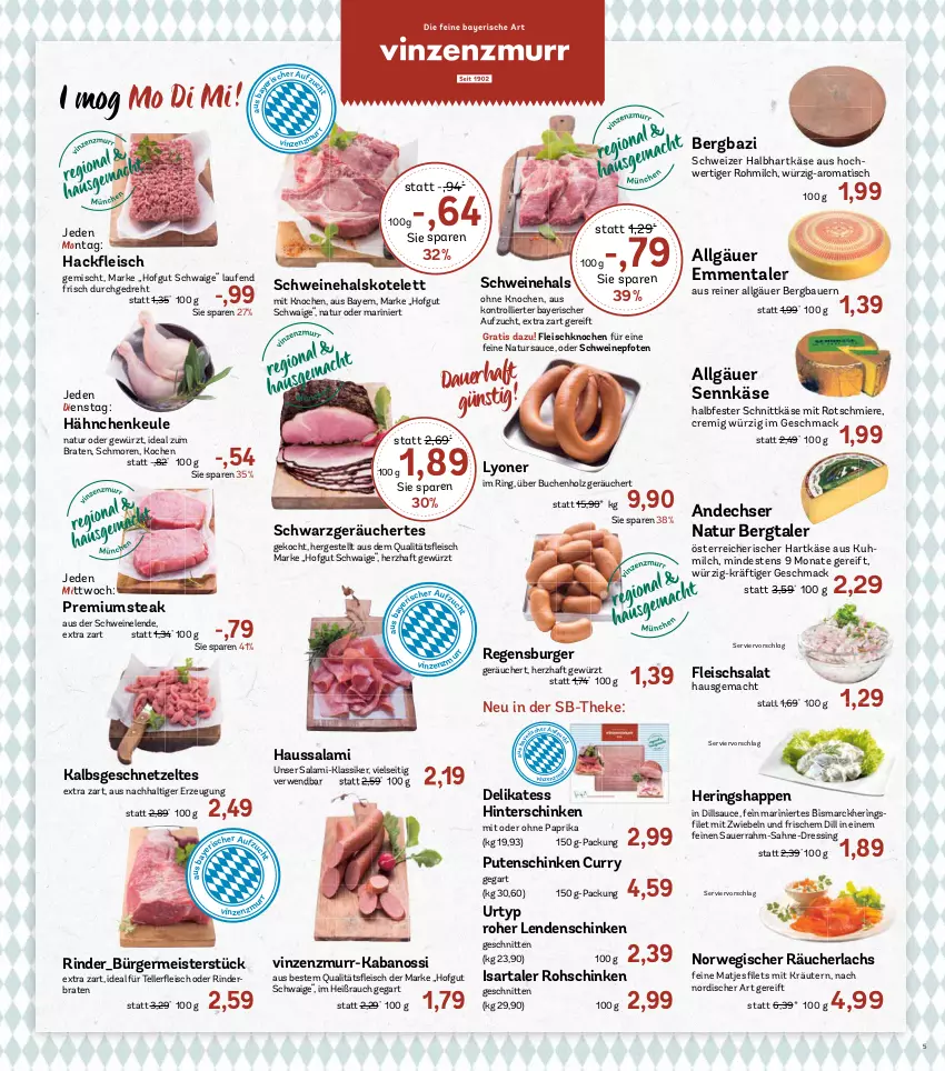 Aktueller Prospekt Aez - Prospekte - von 05.10 bis 10.10.2026 - strona 5 - produkty: andechser natur, auer, Bau, Bauer, bismarck, braten, buch, burger, curry, dressing, eis, elle, emmentaler, filet, fleisch, fleischsalat, Germ, geschnetzeltes, gewürz, halbfester schnittkäse, hartkäse, Haussalami, hering, Herings, Heringshappen, hinterschinken, hofgut, Holz, ideal zum braten, kabanos, Käse, kotelett, kräuter, kräutern, lachs, Laufen, LG, lyoner, mac, matjes, Meister, milch, mit zwiebeln, natur, paprika, pute, Putenschinken, Rauch, Räucherlachs, regensburger, rind, rinder, rinderbraten, ring, rohschinken, rwe, sahne, salami, salat, sauce, Sauerrahm, schinken, schnitten, schnittkäse, schwein, schweine, steak, teller, Ti, tisch, trolli, urtyp, wein, weine, Yo, Zelt, zwiebel, zwiebeln