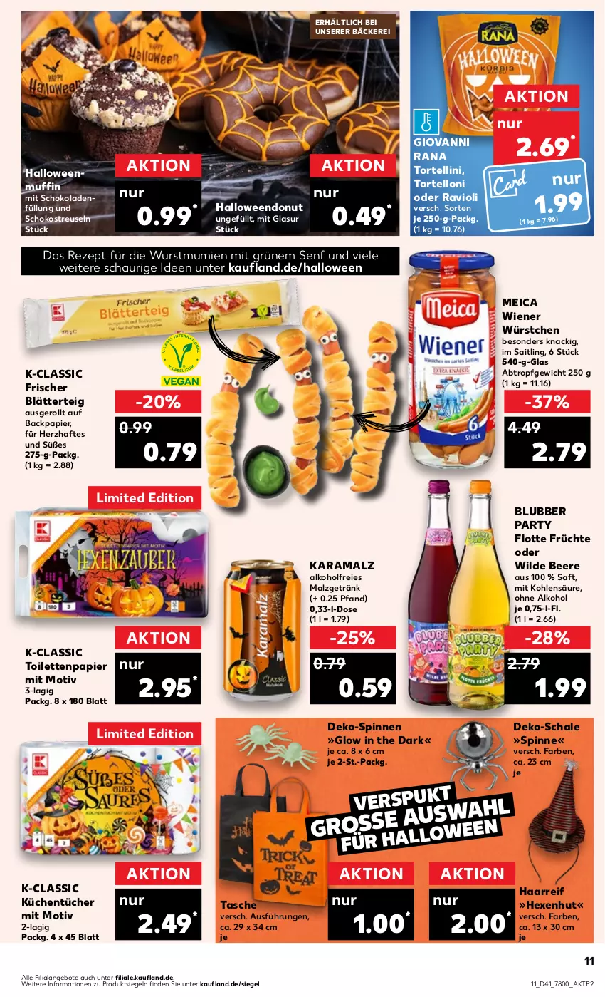 Aktueller Prospekt Kaufland - Prospekt - von 12.10 bis 18.10.2023 - strona 11 - produkty: alkohol, angebot, angebote, beere, blätterteig, Donut, früchte, getränk, giovanni rana, karamalz, küche, Küchen, küchentücher, malz, meica, Muffin, ohne alkohol, papier, rama, Rana, ravioli, rezept, saft, Schal, Schale, schoko, schokolade, schokoladen, senf, Tasche, Ti, toilettenpapier, torte, tortellini, tortelloni, tücher, wiener, wiener würstchen, Wild, wurst, würstchen