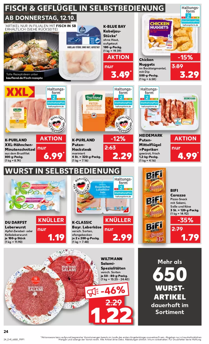 Aktueller Prospekt Kaufland - Prospekt - von 12.10 bis 18.10.2023 - strona 24 - produkty: angebot, apfel, auer, aust, bifi, brustfilet, chicken nuggets, dip, filet, fisch, geback, Geflügel, gewürz, Kalbsleber, Kalbsleberwurst, Käse, leberkäs, leberkäse, leberwurst, Mantel, minutenschnitzel, nuggets, Ofen, paprika, pizza, purland, pute, Putenhacksteak, rezept, rezepte, salami, schnitzel, snack, Soße, Spezi, steak, Ti, wiltmann, wurst, wurst in selbstbedienung, ZTE, zwiebel