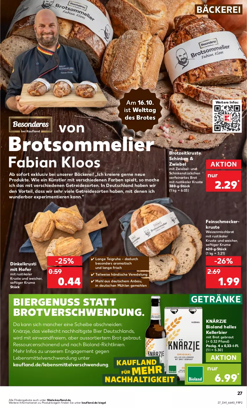 Aktueller Prospekt Kaufland - Prospekt - von 12.10 bis 18.10.2023 - strona 27 - produkty: angebot, angebote, Bau, bier, bio, bioland, brot, eier, eis, elle, feinschmecker, getränk, getränke, hafer, kellerbier, lebensmittel, mac, mehl, nuss, rum, saft, schinken, Ti, Tiere, tisch, weizenmischbrot, zwiebel