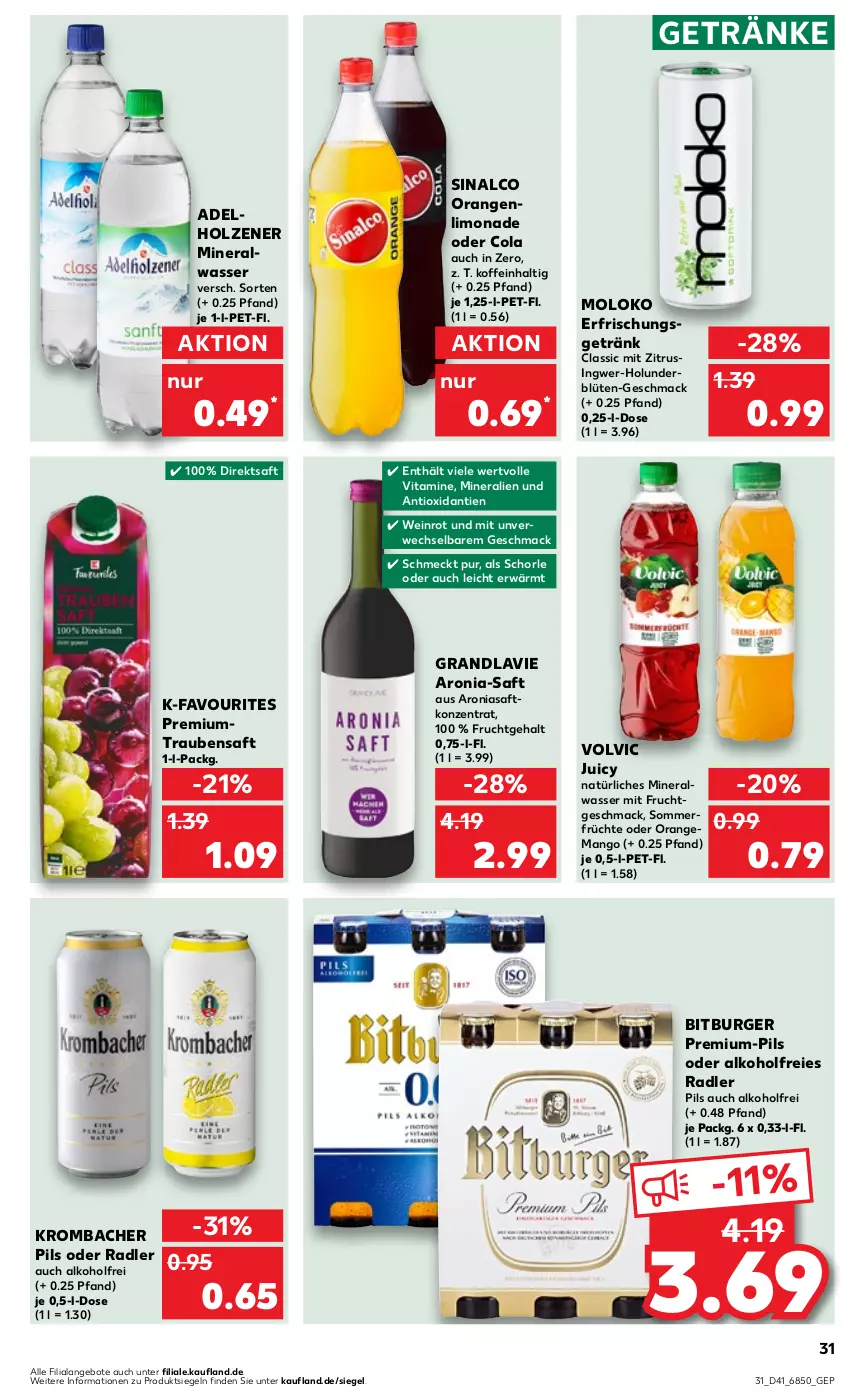 Aktueller Prospekt Kaufland - Prospekt - von 12.10 bis 18.10.2023 - strona 31 - produkty: alkohol, Alwa, angebot, angebote, bitburger, Blüte, burger, cola, direktsaft, frucht, früchte, getränk, getränke, holunder, holunderblüte, Holz, ingwer, krombache, krombacher, krombacher pils, limo, limonade, mac, mango, mineralwasser, mit frucht, oder radler, orange, orangen, pils, radler, rwe, saft, schorle, sinalco, Ti, trauben, Traubensaft, vita, Vitamine, volvic, wasser, wein