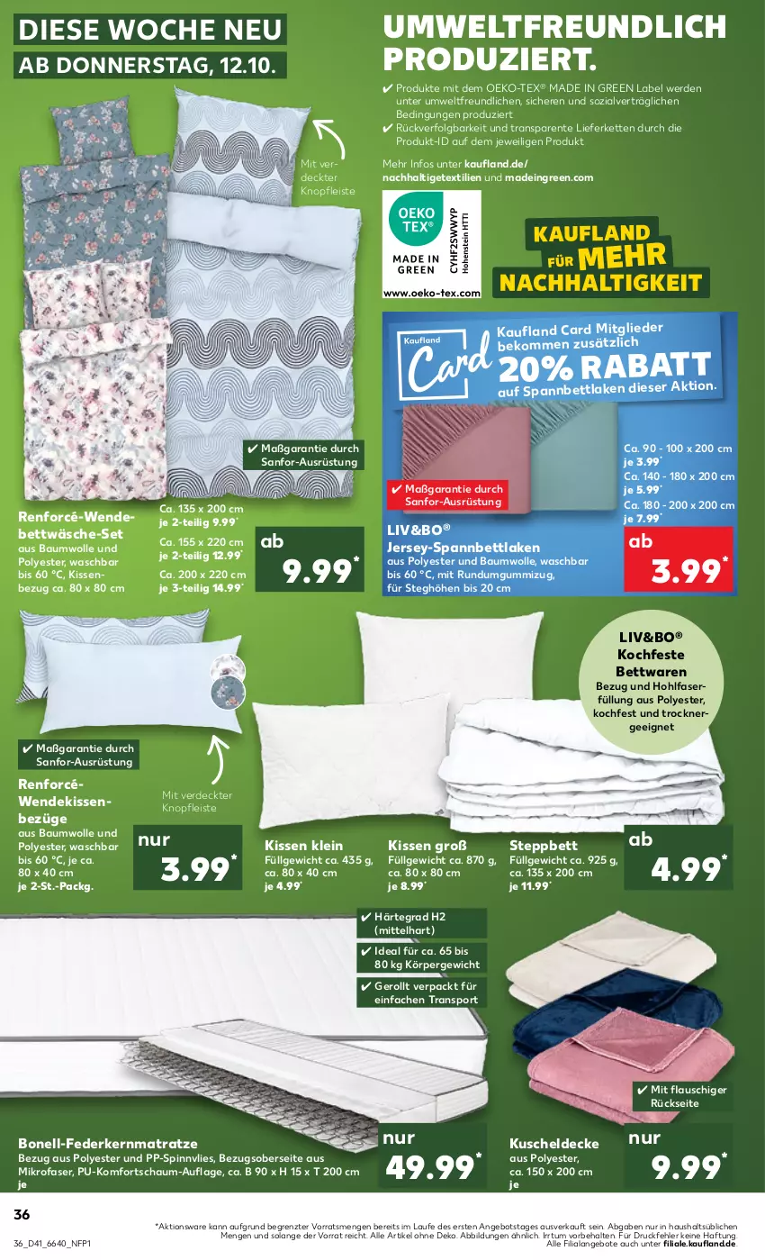 Aktueller Prospekt Kaufland - Prospekt - von 12.10 bis 18.10.2023 - strona 36 - produkty: angebot, angebote, Bau, baumwolle, beko, bett, bettwäsche, decke, eis, ente, erde, Ergee, federkern, federkernmatratze, kernmatratze, Kette, kissen, Kissenbezug, kuscheldecke, LG, matratze, mikrofaser, spannbettlaken, Sport, steppbett, Ti, Trockner, wendebettwäsche, wolle, ZTE