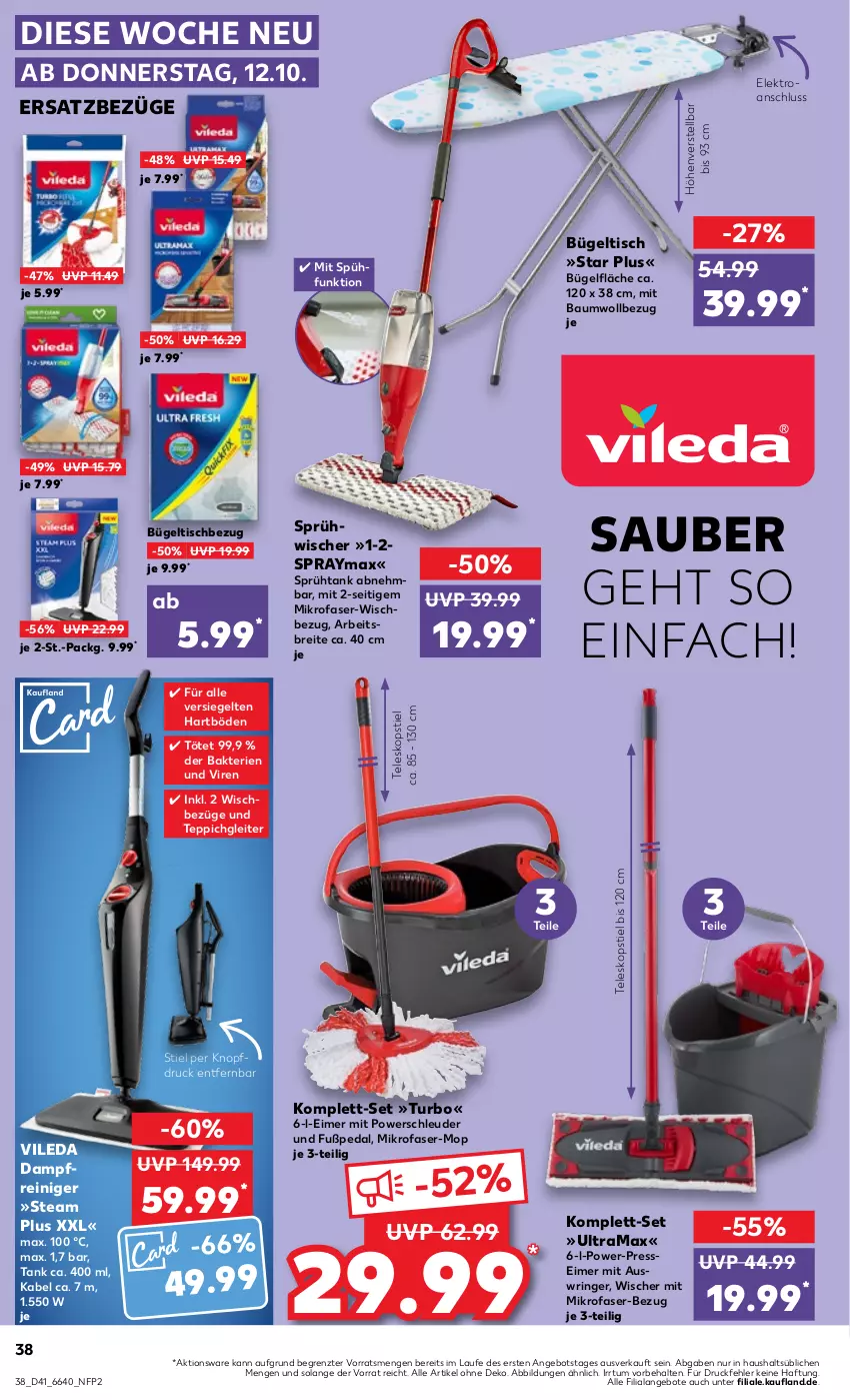 Aktueller Prospekt Kaufland - Prospekt - von 12.10 bis 18.10.2023 - strona 38 - produkty: angebot, angebote, Bau, Brei, bügel, bügeltisch, dampfreiniger, eimer, Elektro, mikrofaser, rama, reiniger, ring, Teleskop, teleskopstiel, teppich, Ti, tisch, vileda, ZTE