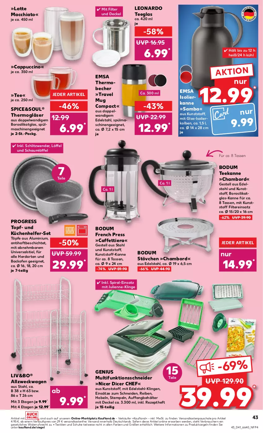 Aktueller Prospekt Kaufland - Prospekt - von 12.10 bis 18.10.2023 - strona 43 - produkty: ACC, backofen, Becher, Behälter, bodum, caffe, Cap, cappuccino, chia, cin, decke, Deckel, edelstahl, eis, emsa, erde, Gläser, herdarten, isolierkanne, küche, Küchen, Küchenhelfer, latte, latte macchiato, leonardo, Löffel, mac, macchiato, ndk, Ofen, Rauch, reis, rezept, Schal, Schale, schuhe, spülmaschinen, tasse, tee, Teeglas, teekanne, Thermogläser, Ti, topf, travel mug, versandkostenfrei, weck