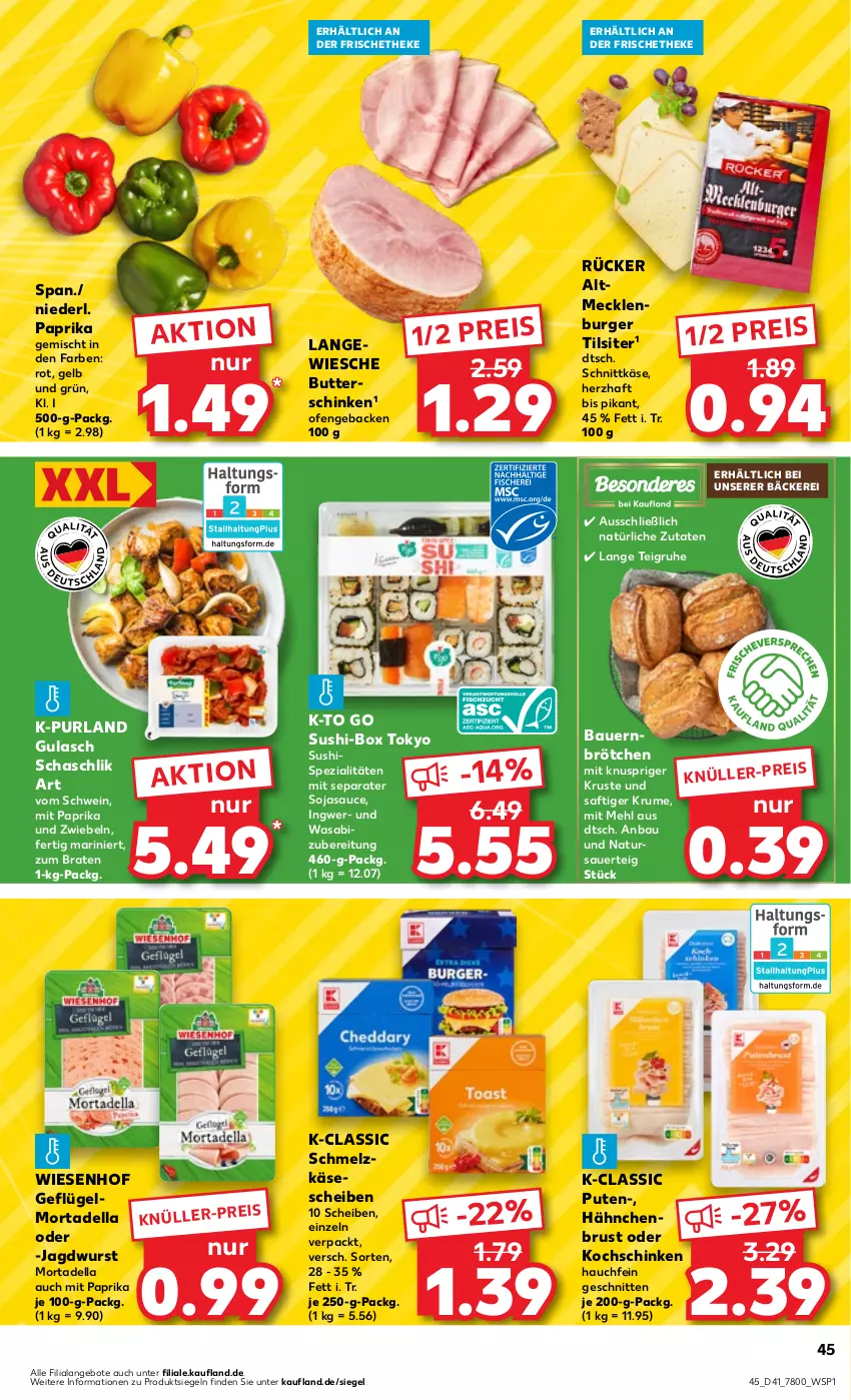 Aktueller Prospekt Kaufland - Prospekt - von 12.10 bis 18.10.2023 - strona 45 - produkty: angebot, angebote, auer, Bau, Bauer, braten, brötchen, burger, butter, dell, eis, geback, Geflügel, gulasch, hähnchenbrust, ingwer, jagdwurst, Käse, käsescheiben, kochschinken, mehl, mit paprika, mortadella, natur, Ofen, paprika, purland, pute, reis, rum, saft, sauce, schinken, Schmelzkäse, schnitten, schnittkäse, schwein, soja, sojasauce, Spezi, Sushi, Ti, Tilsiter, wasa, wein, wiesenhof, wurst, Yo, zwiebel, zwiebeln